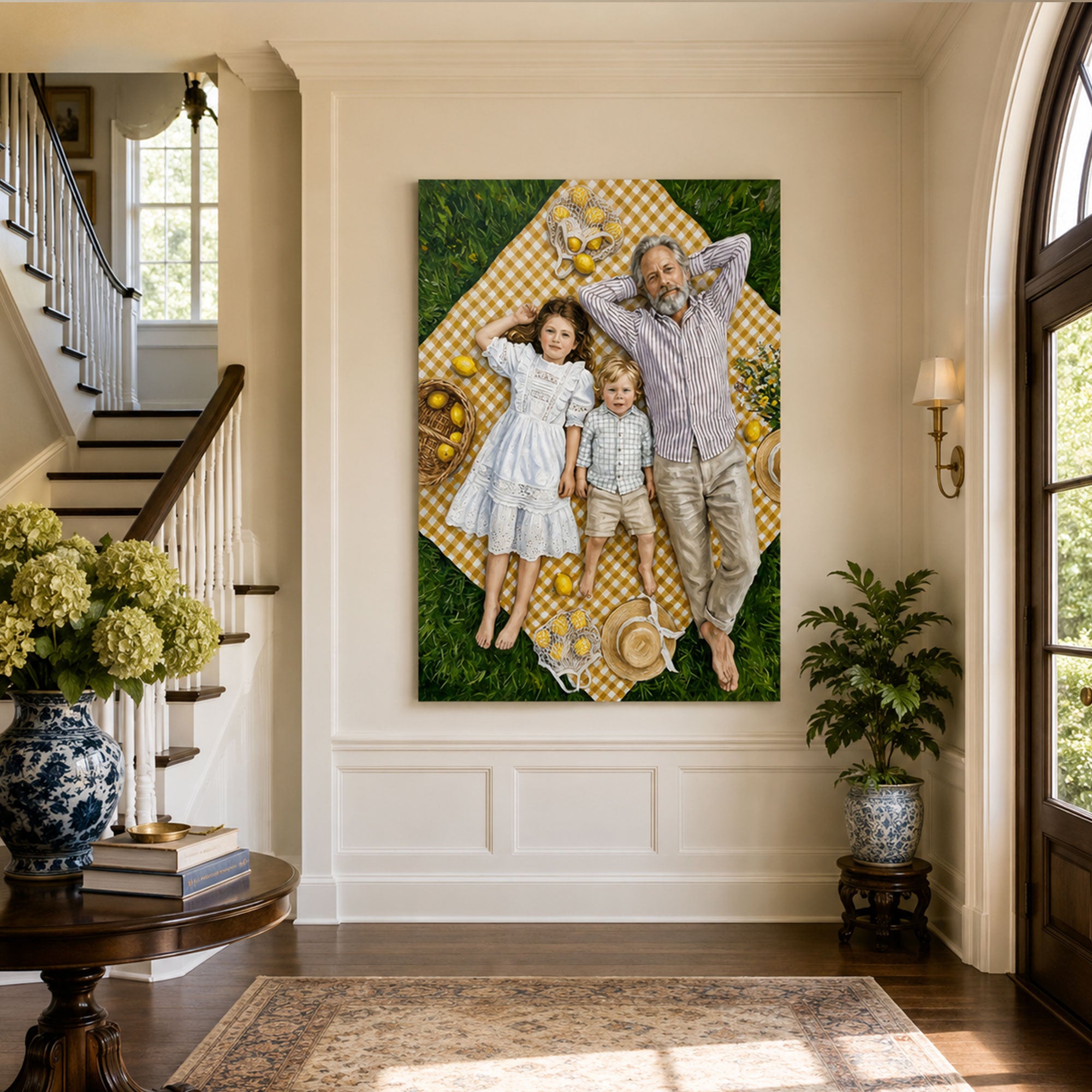Personalized Lazy Lemon Grandpa And Grandchildren Canvas Print, Custom Family Portrait Wall Art, Father’s Day Gift For Grandpa