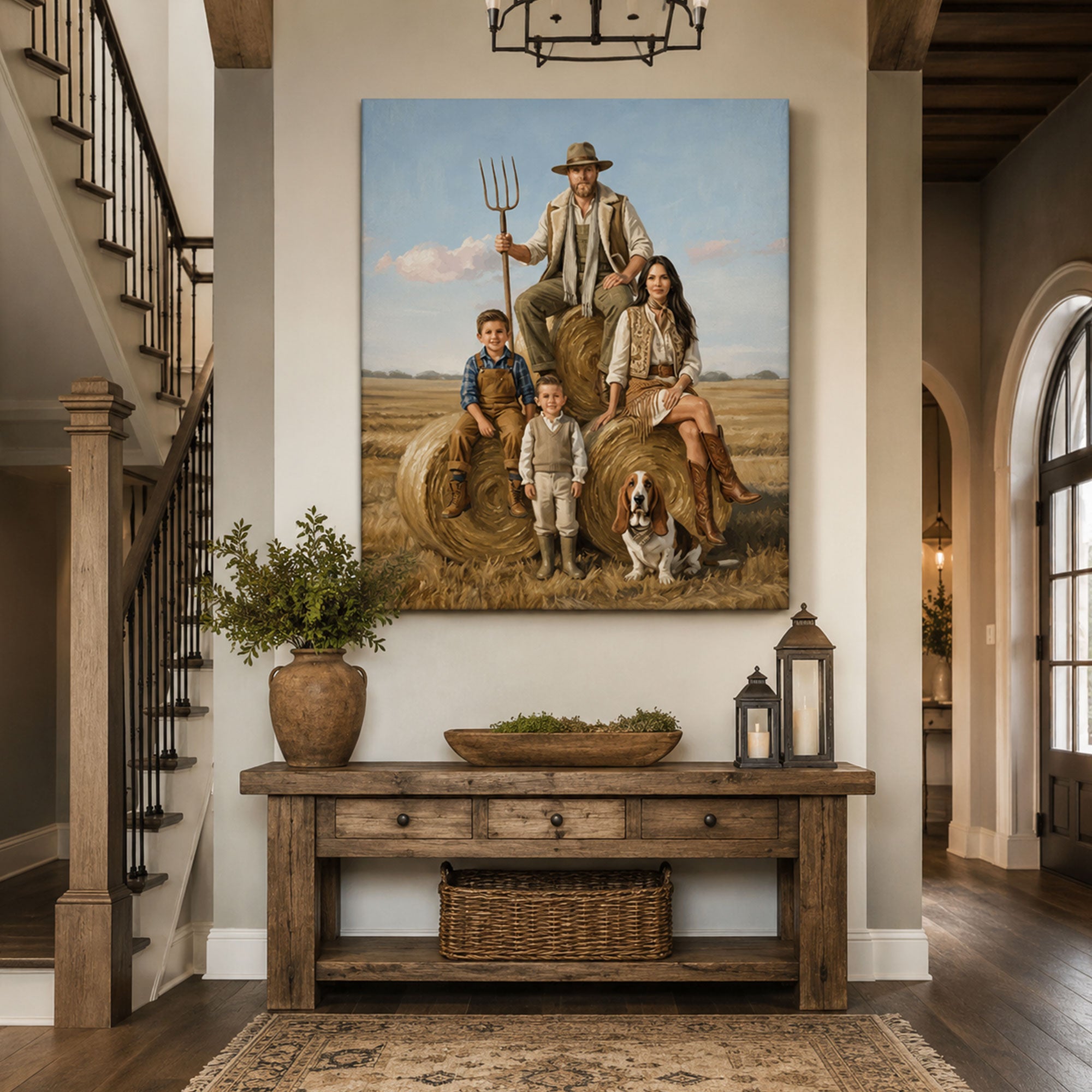 Custom Face For Dad Harvest Family Canvas, Personalized Father and Kids Portrait Gift