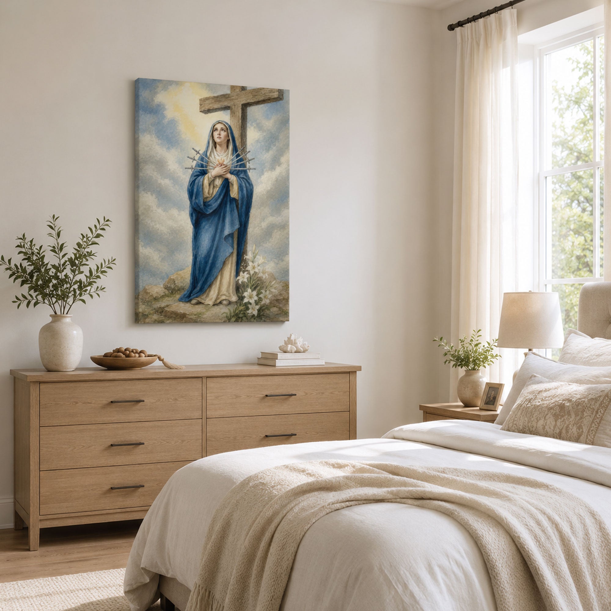 Our Lady of Sorrows Canvas Print, Seven Swords of Mary Catholic Wall Decor, Marian Faith Gift