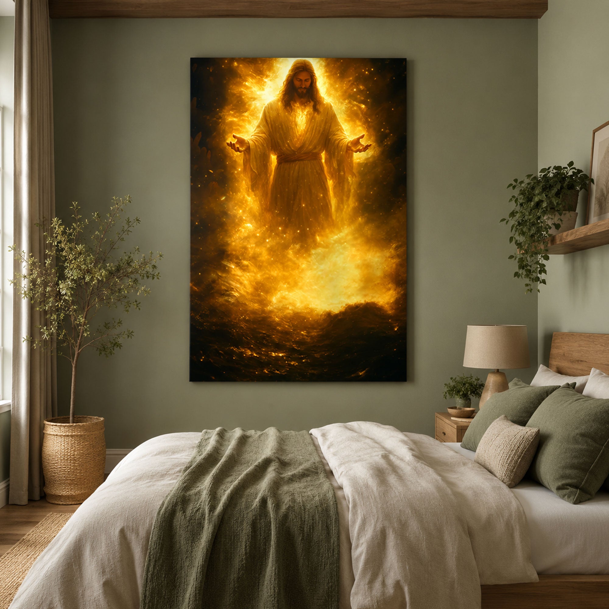Jesus Glowing In Divine Fire Canvas Art Radiant Light Savior Poster Christian Power Wall Print For Church Prayer Room Or Faith Home Decor