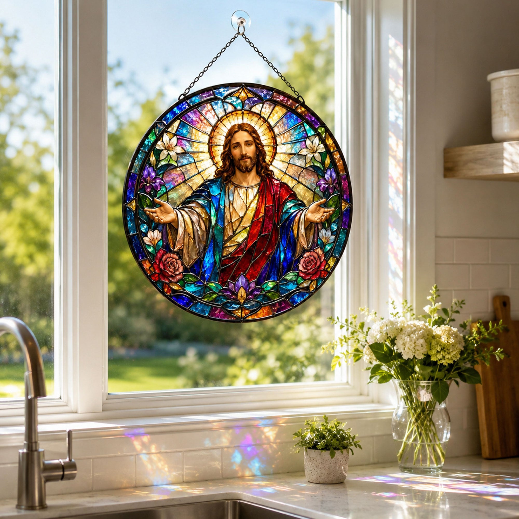 Jesus Open Arms Suncatcher, Christian Window Hanging, Faith Gift for Home