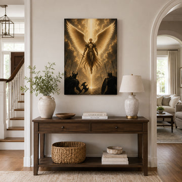 Archangel Michael Heavenly Victory Canvas Print, Golden Catholic Decor