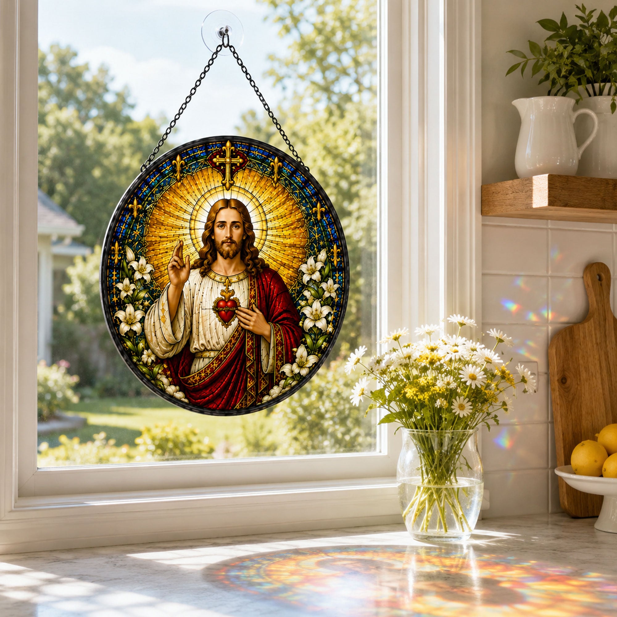 Sacred Heart of Jesus Suncatcher, Catholic Window Hanging, Christian Faith Gift