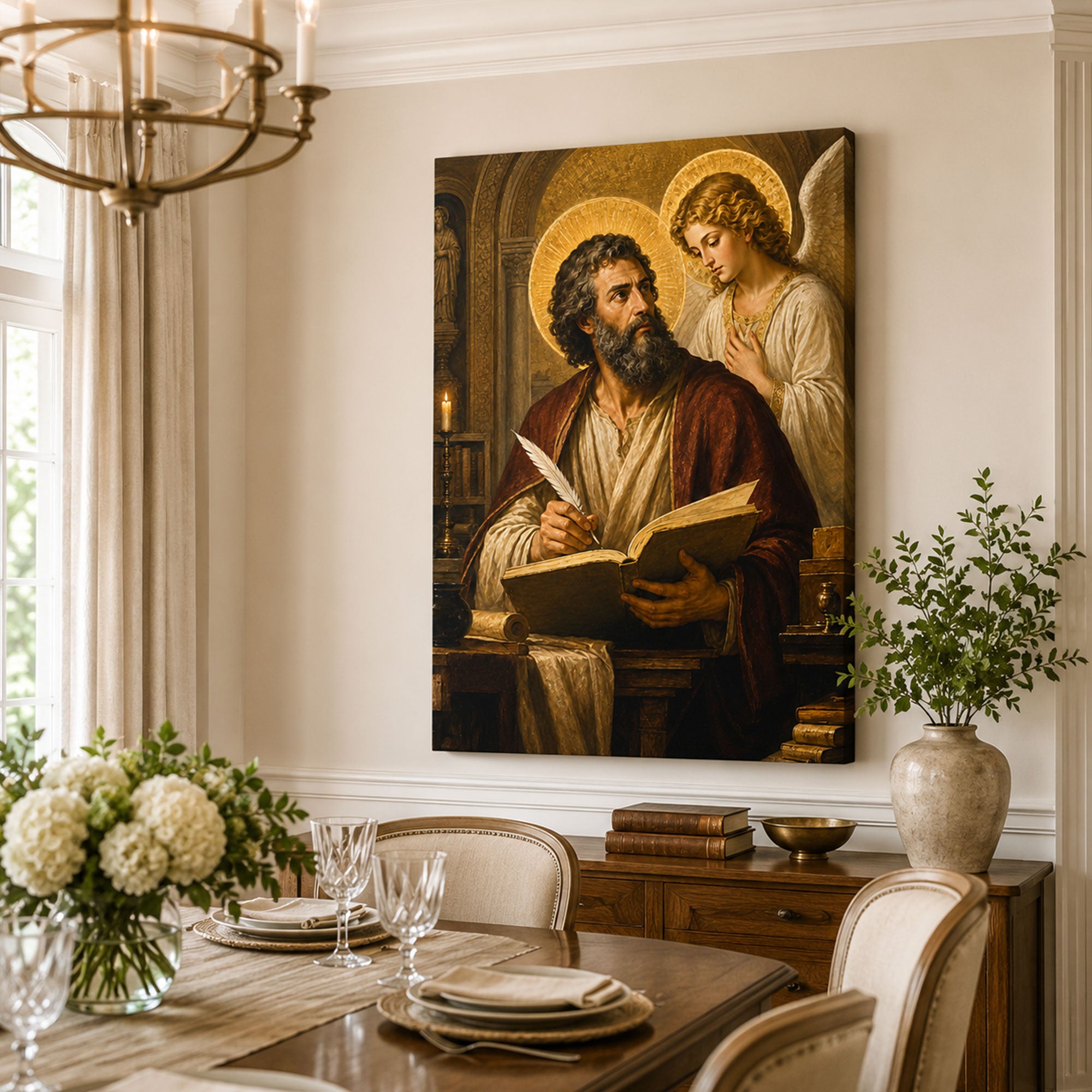 Saint Matthew with Angel Canvas Print, Catholic Gospel Art