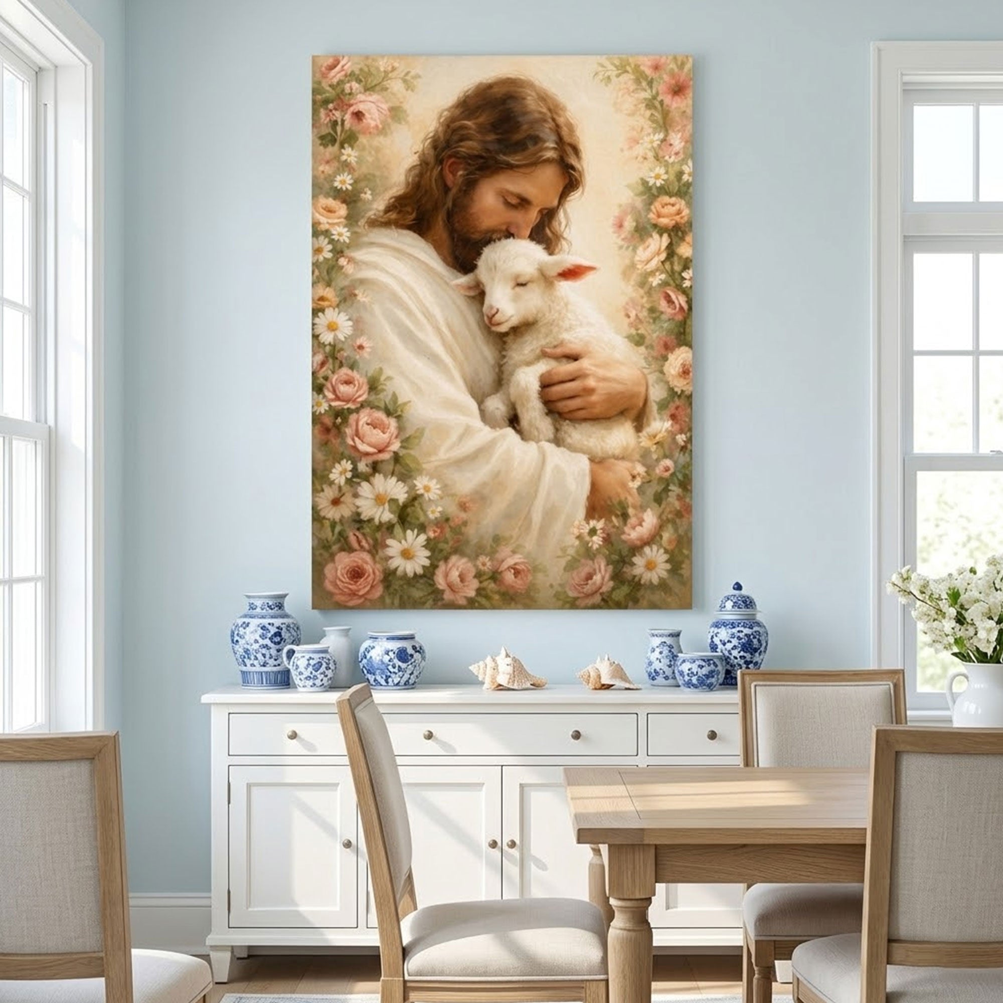 Jesus and Lamb Canvas Print, Good Shepherd Christian Wall Art, Peaceful Faith Home Decor