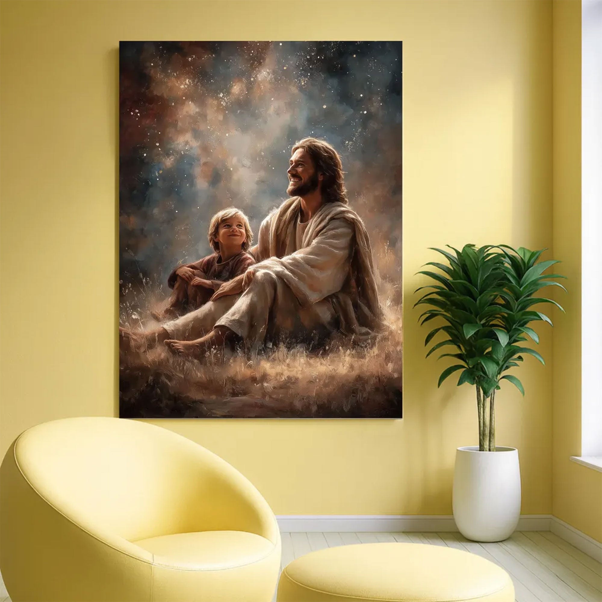 Jesus with Child Under Stars Canvas Print, Christian Faith Wall Art, Religious Home Decor