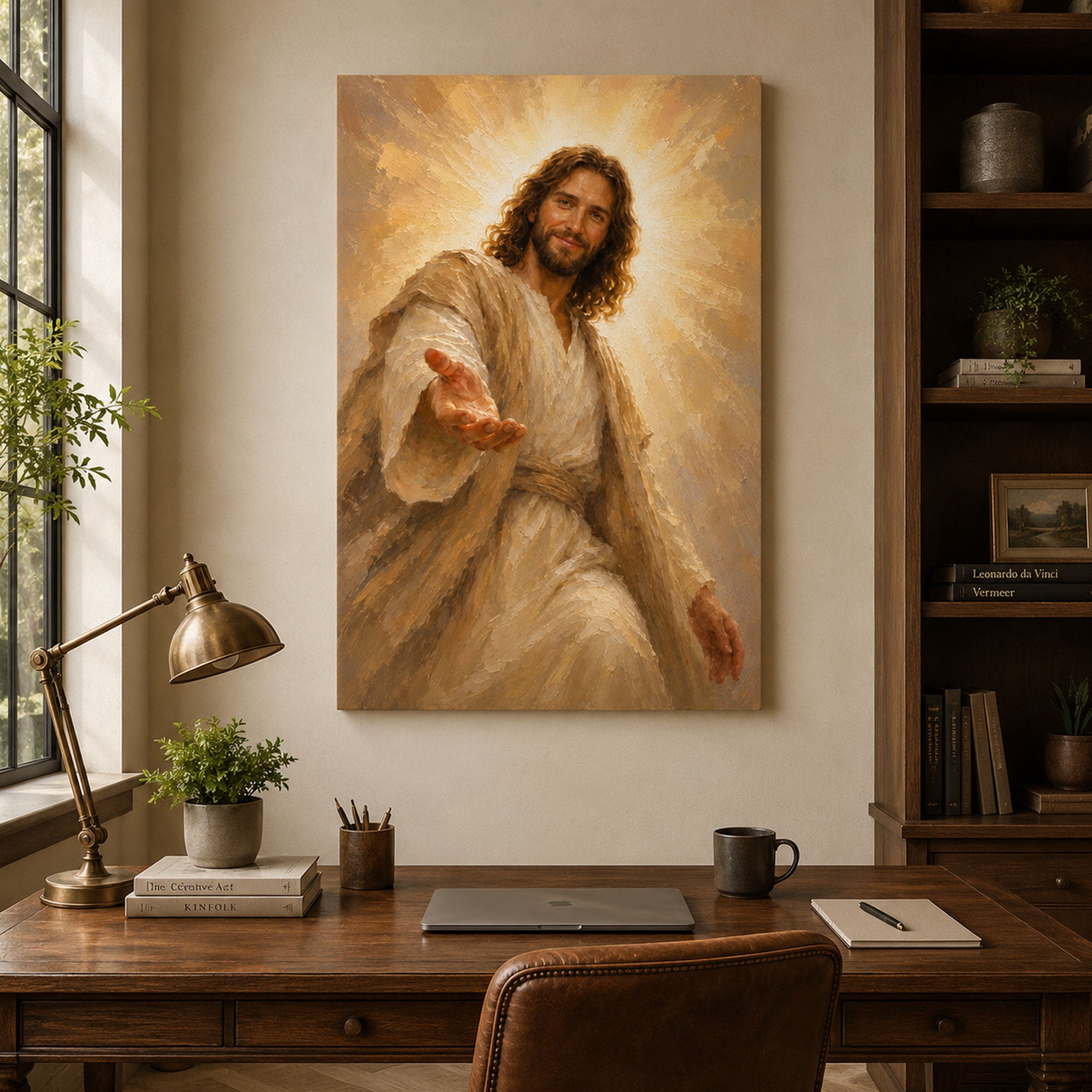 Smiling Jesus Reaching Out Canvas Print, Peaceful Christian Wall Art, Faith Home Decor