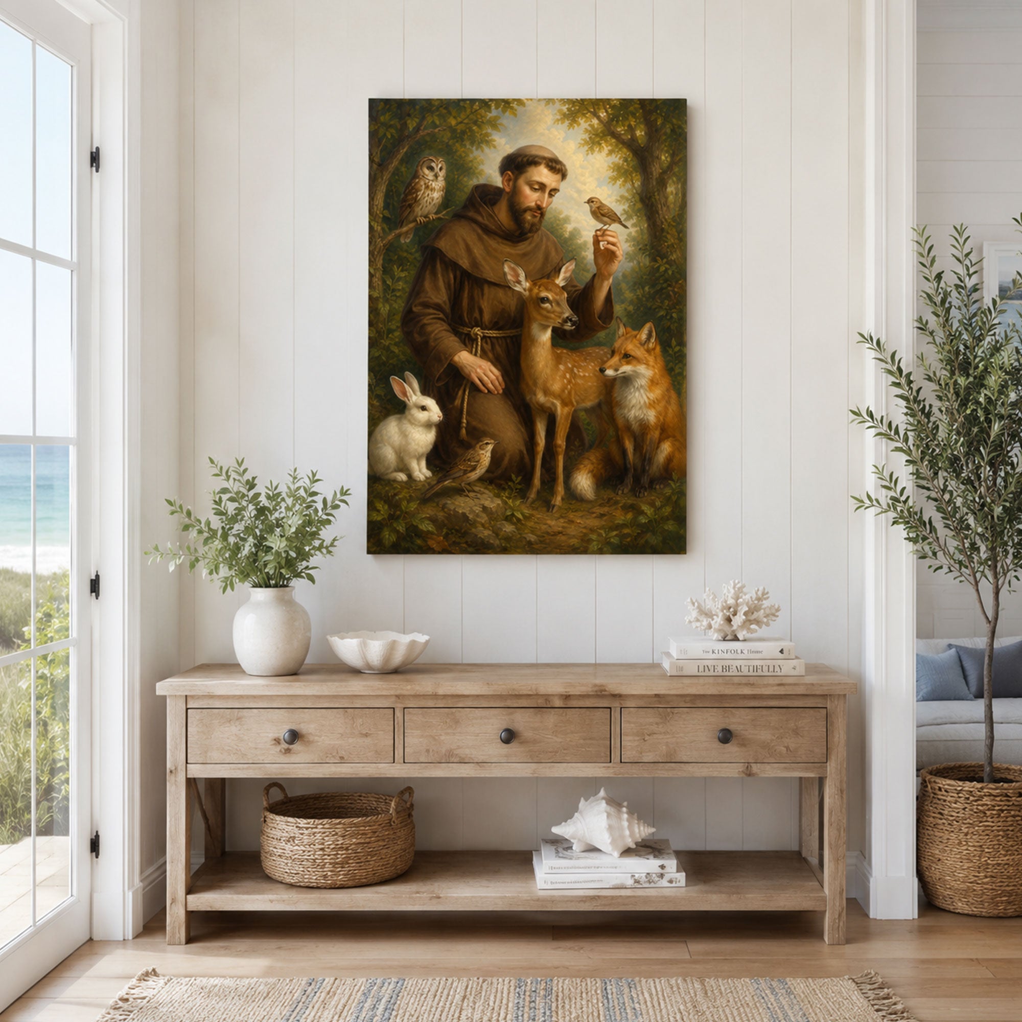 Saint Francis of Assisi Canvas Print, Catholic Saint Wall Art with Animals, Christian Home Decor Gift