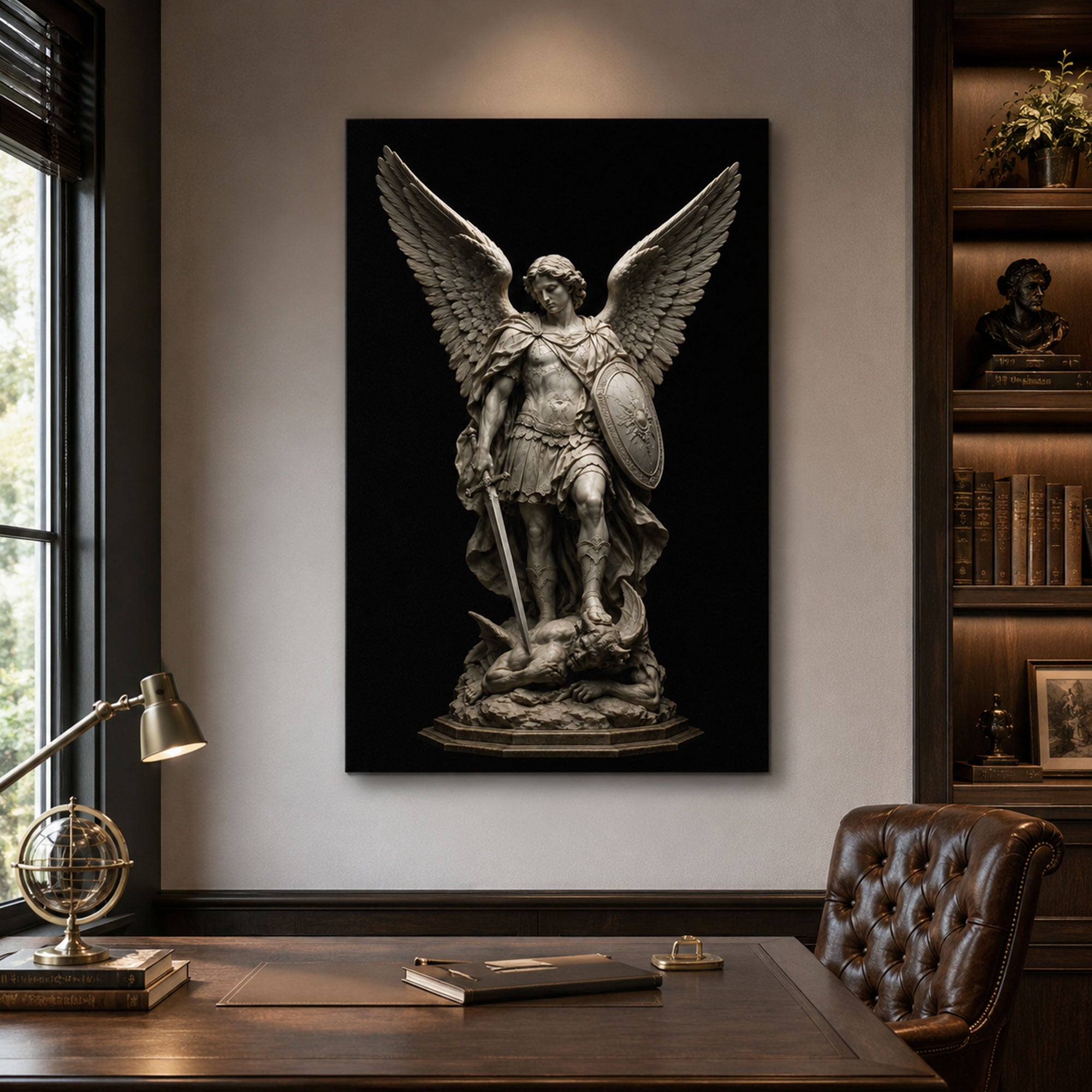 Saint Michael Archangel Statue Canvas Print, Catholic Angel Wall Art, Faith Home Decor Gift