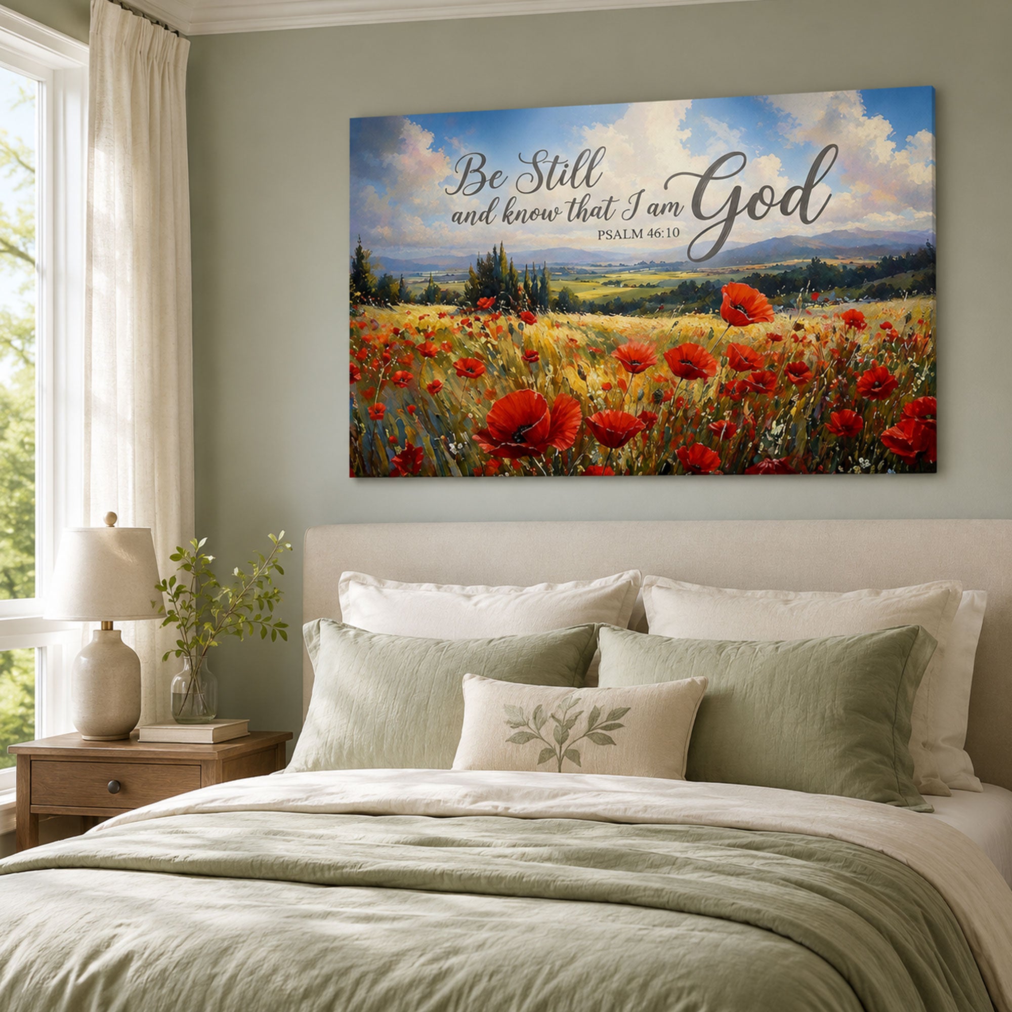 “Be Still and Know That I Am God” Psalm Canvas Print, Jesus in Poppy Field Wall Art, Christian Faith Decor