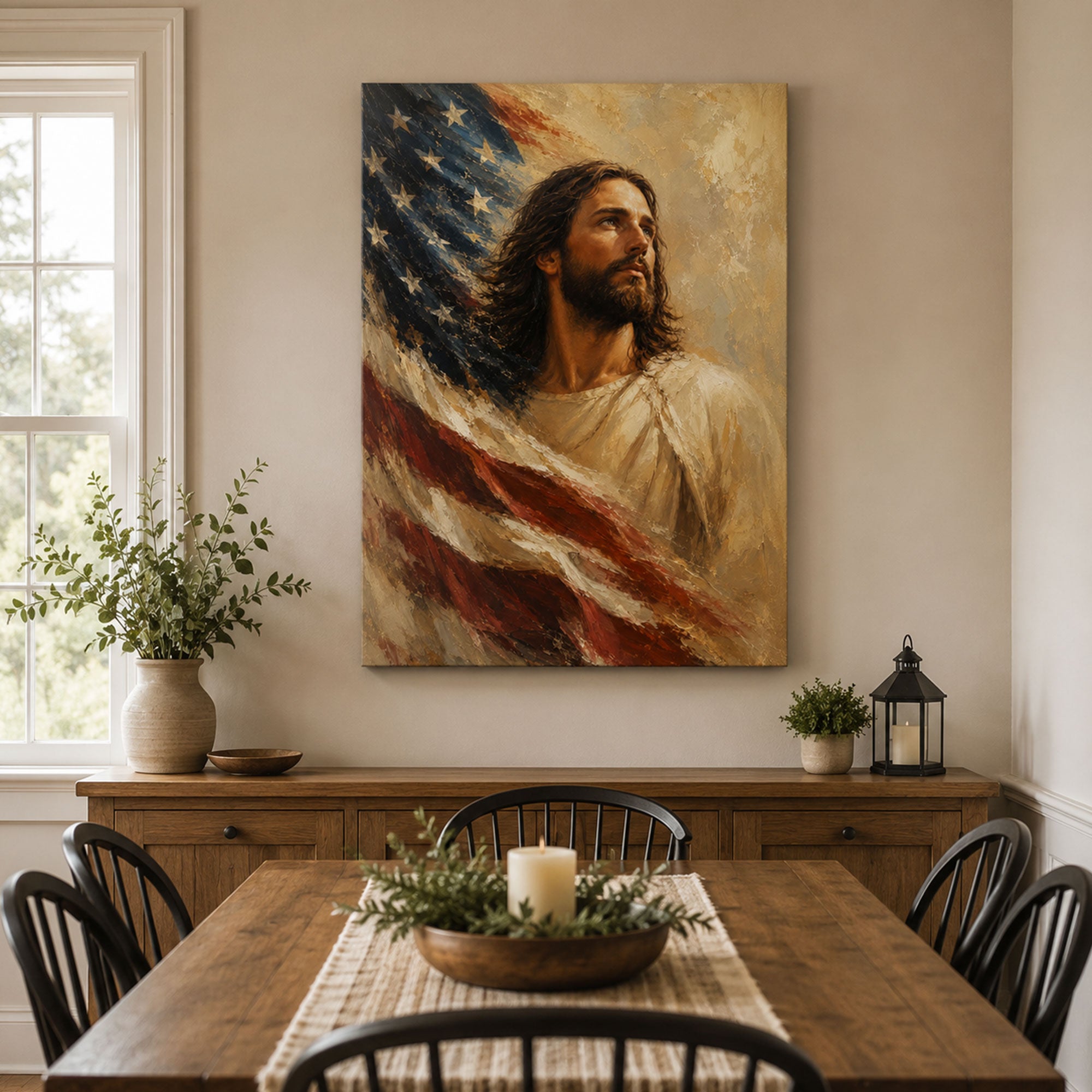 Jesus with American Flag Canvas Print, Christian Patriotic Wall Art, Faith and Freedom Home Decor Gift