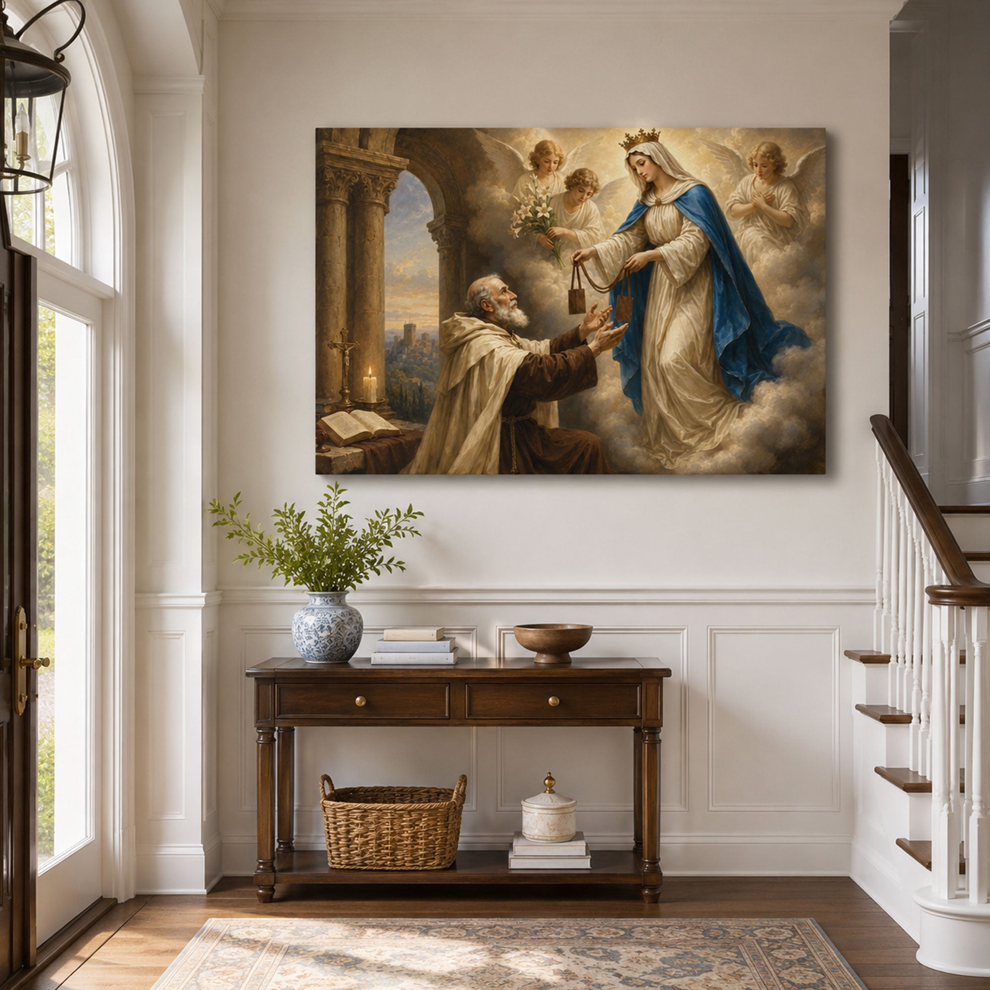 Our Lady of Mount Carmel Canvas Print, Virgin Mary Brown Scapular Catholic Wall Art, Faith Home Decor Gift