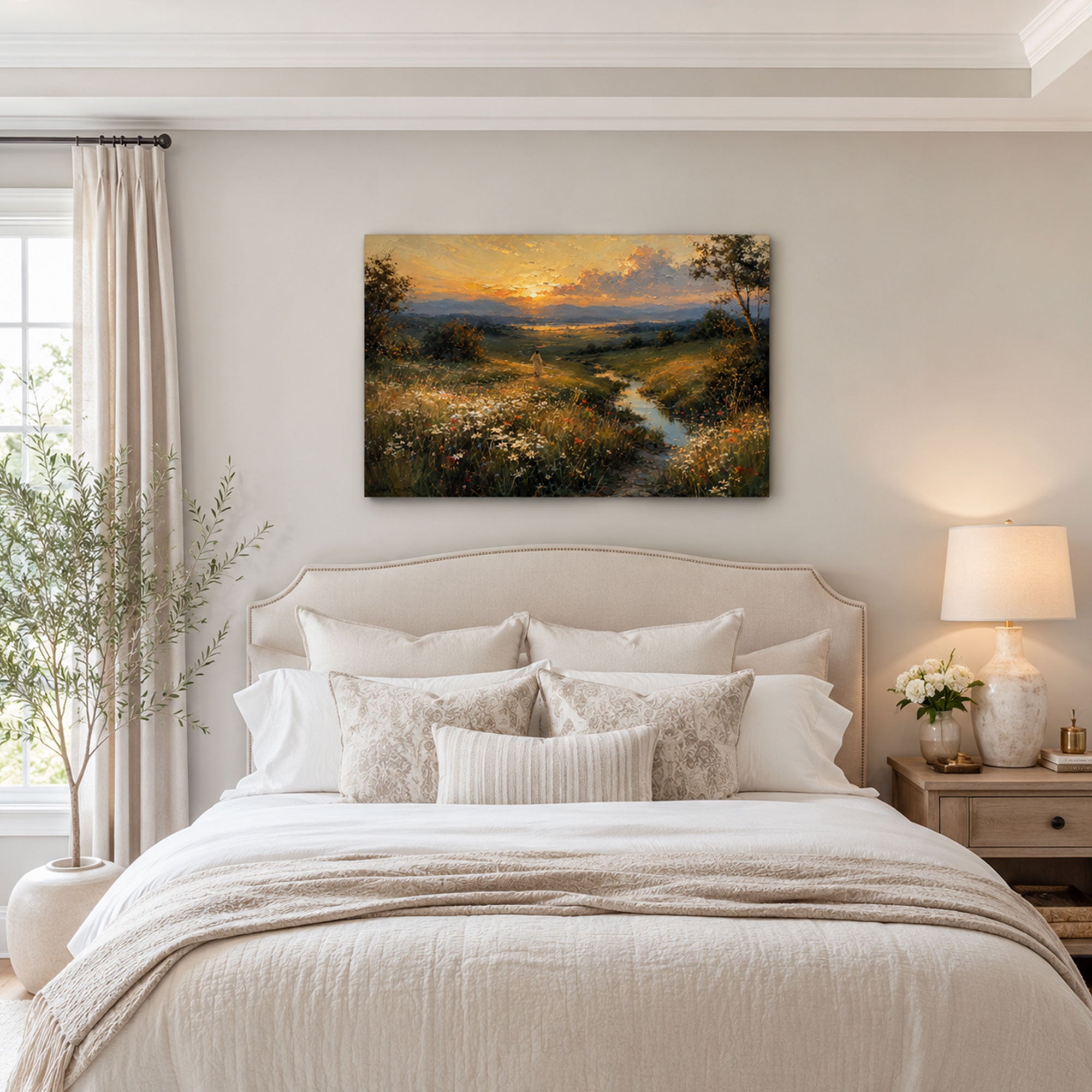Jesus Walking Through the Wildflower Valley Canvas Print, Sunset Christian Decor