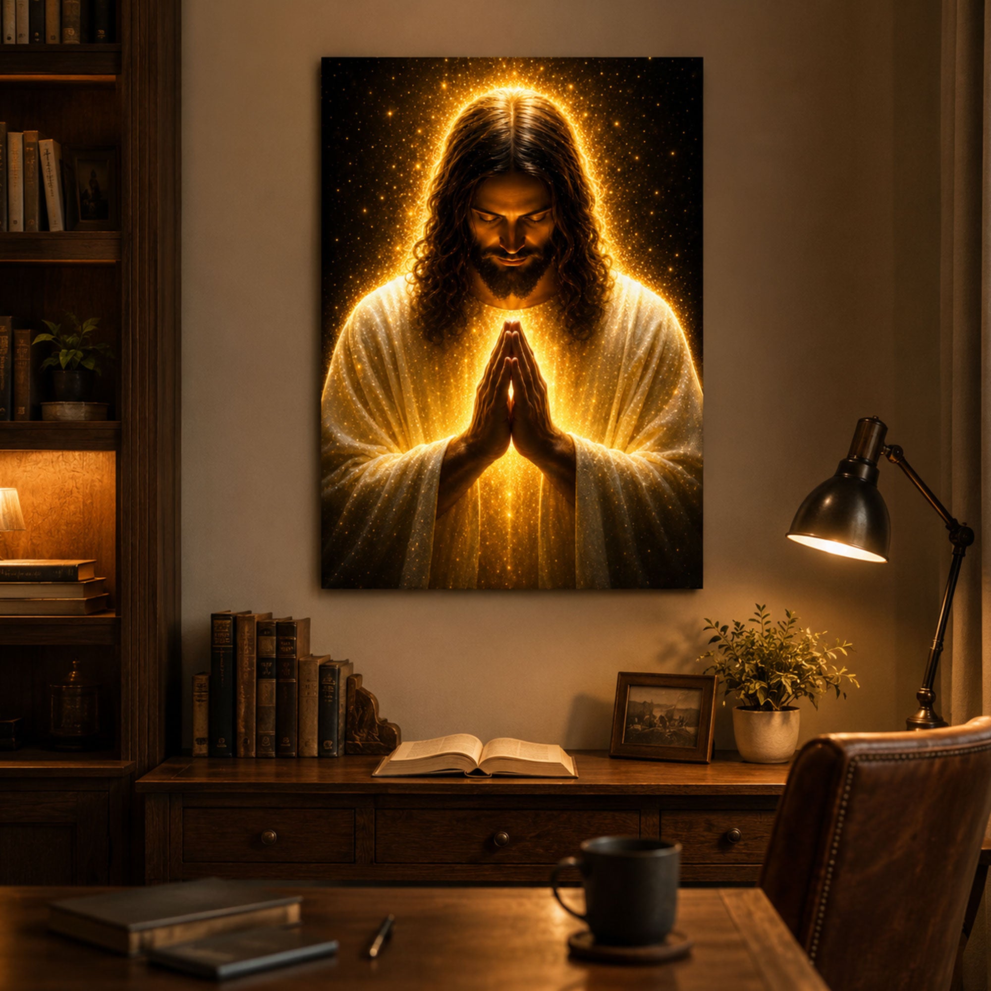 Praying Jesus Canvas Print, Golden Light Christian Wall Art, Peaceful Faith Home Decor
