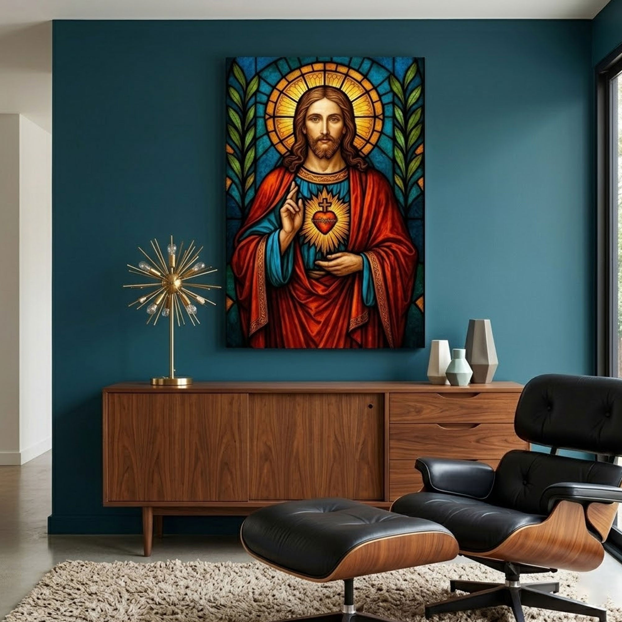 Sacred Heart of Jesus Canvas Print, Stained Glass Style Catholic Wall Art, Inspirational Faith Home Decor