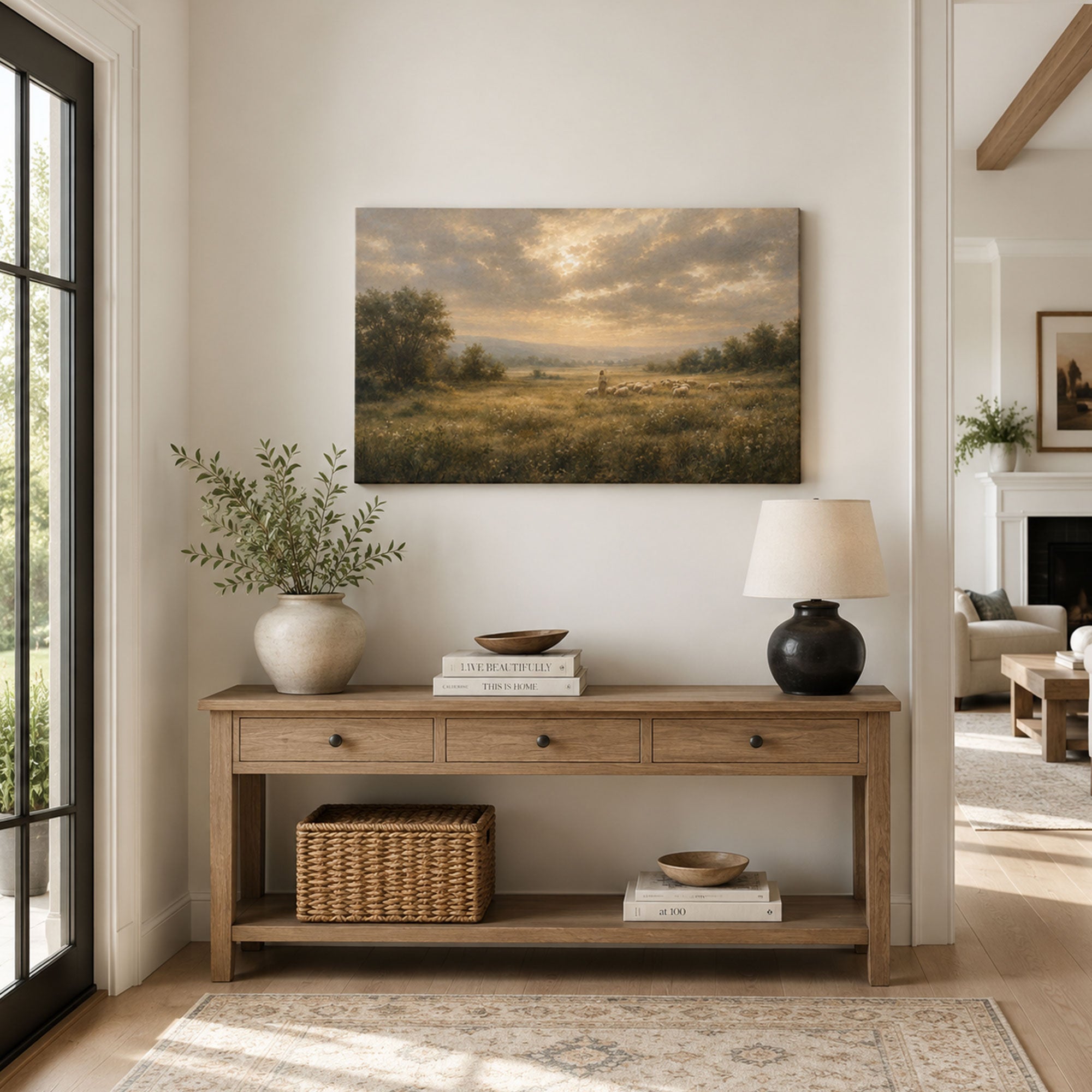 Jesus the Good Shepherd in Meadow Canvas Print, Christian Home Decor