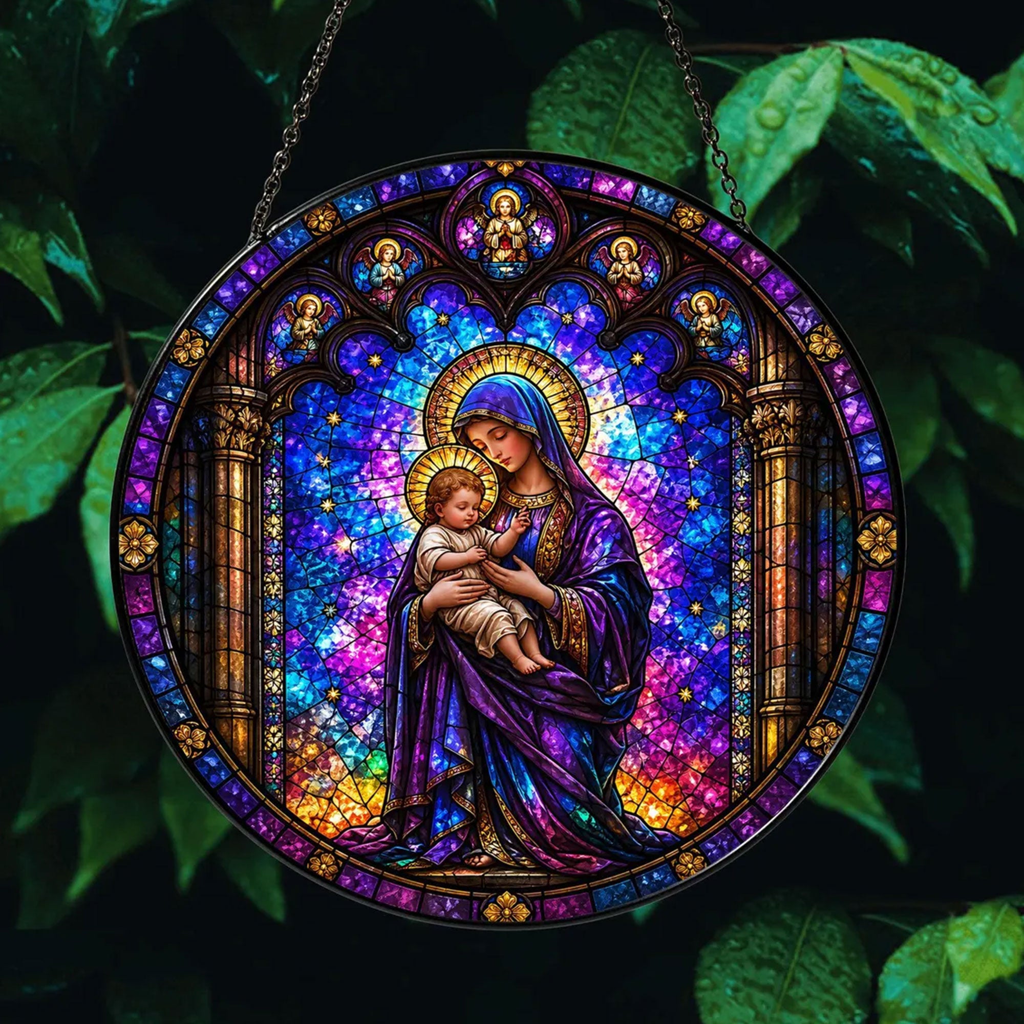 Virgin Mary and Baby Jesus Stained Glass Suncatcher, Catholic Window Hanging, Christian Decor Gift