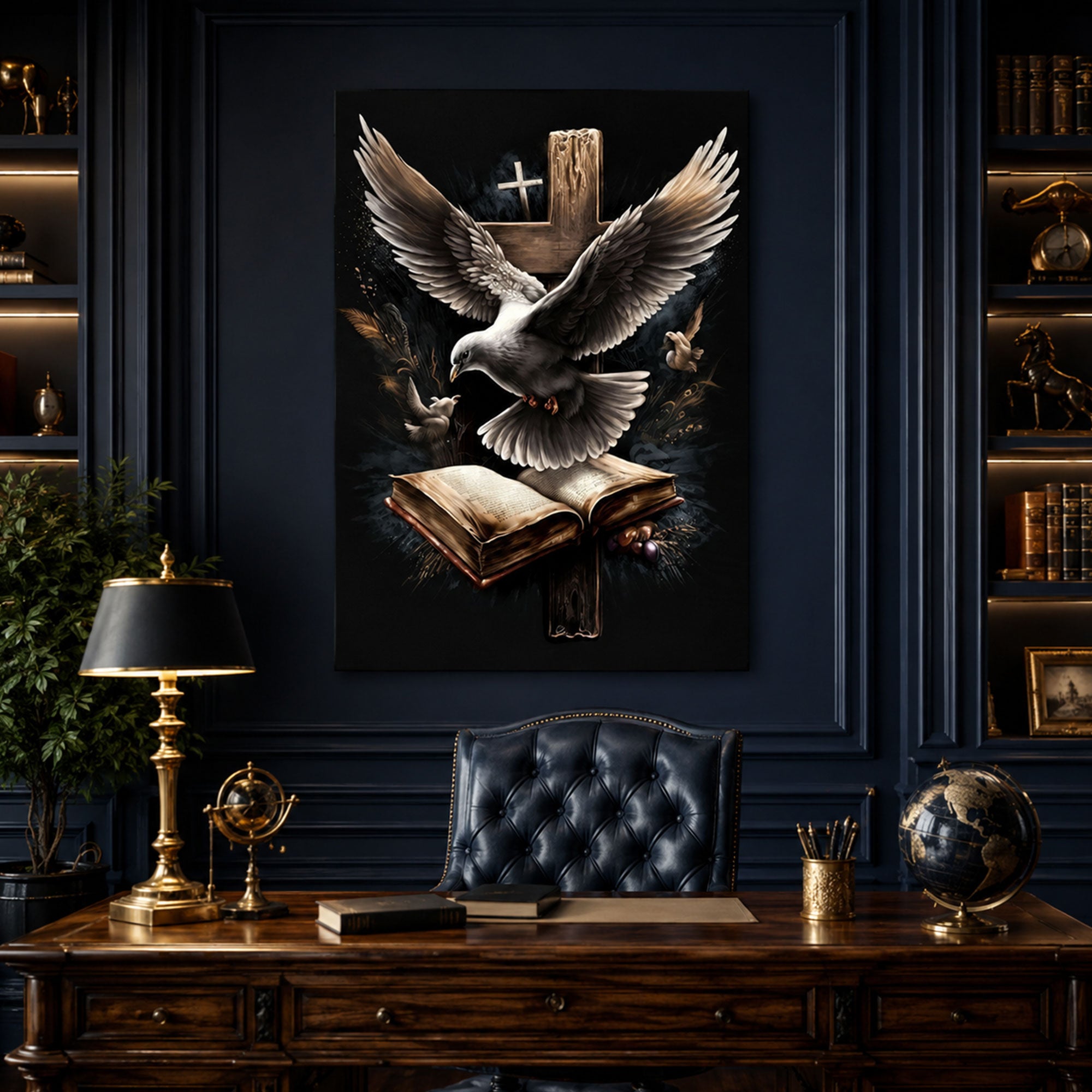 Spiritual Dove with Open Bible Canvas Art, Cross Christian Wall Decor, Inspirational Faith Religious Artwork