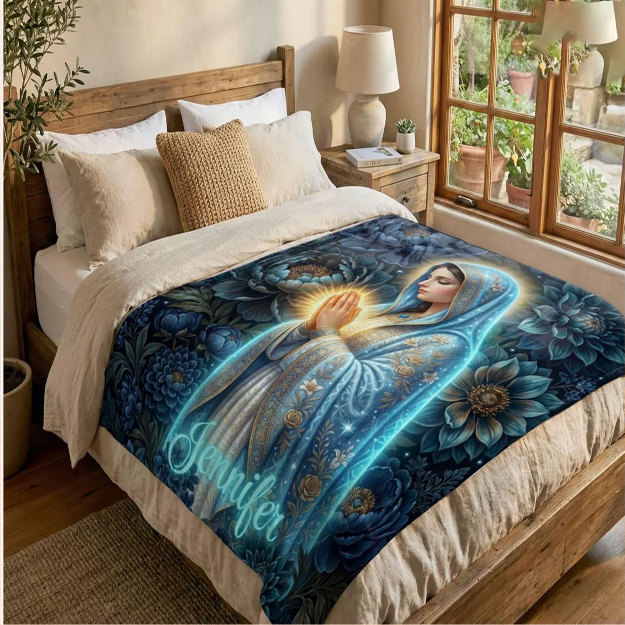Personalized Virgin Mary Fleece Blanket, Catholic Prayer Throw, Blue Floral Christian Gift, Elegant Faith Decor for Mom or Grandma