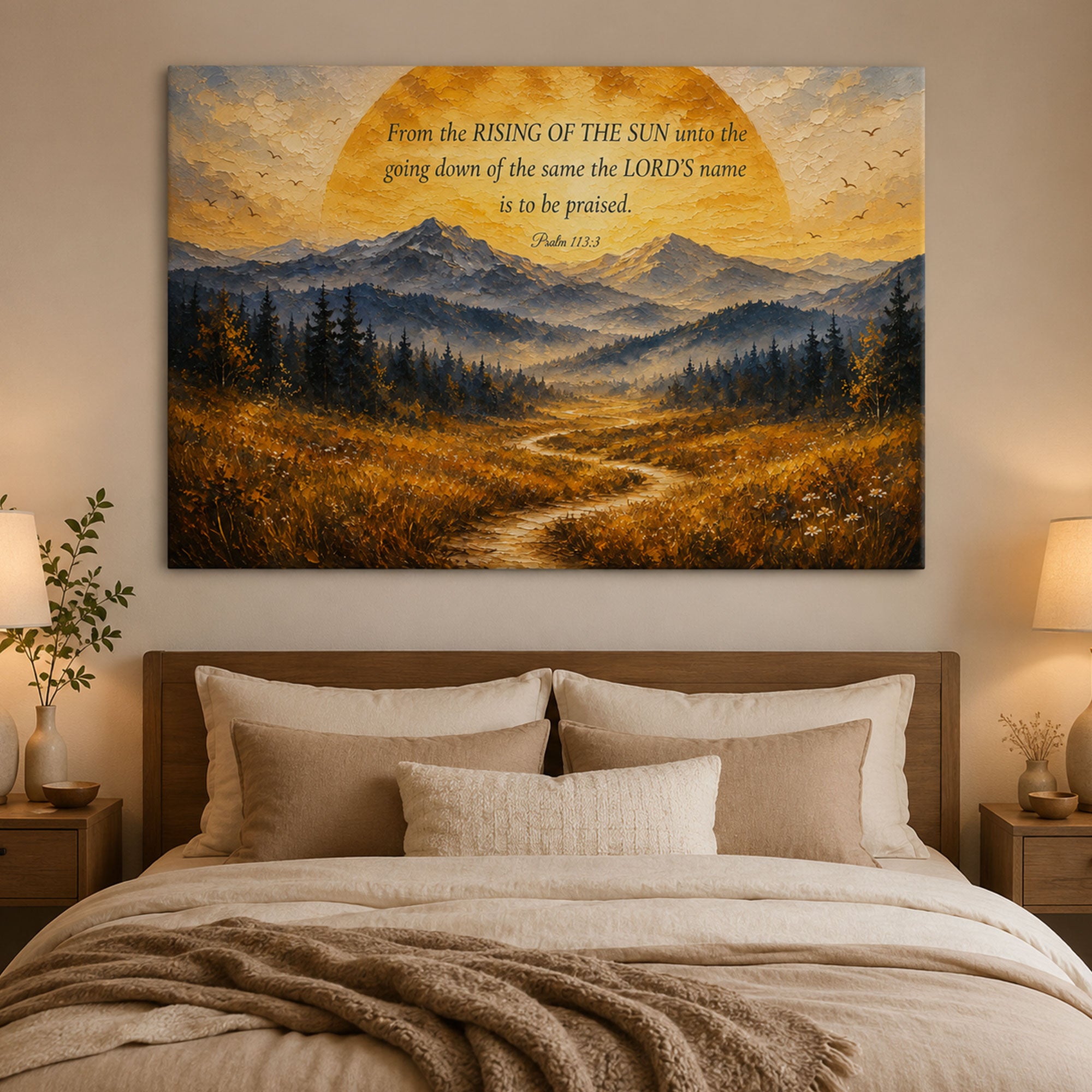 From the Rising of the Sun Psalm 113:3 Canvas Print, Christian Scripture Wall Art, Mountain Sunrise Faith Home Decor