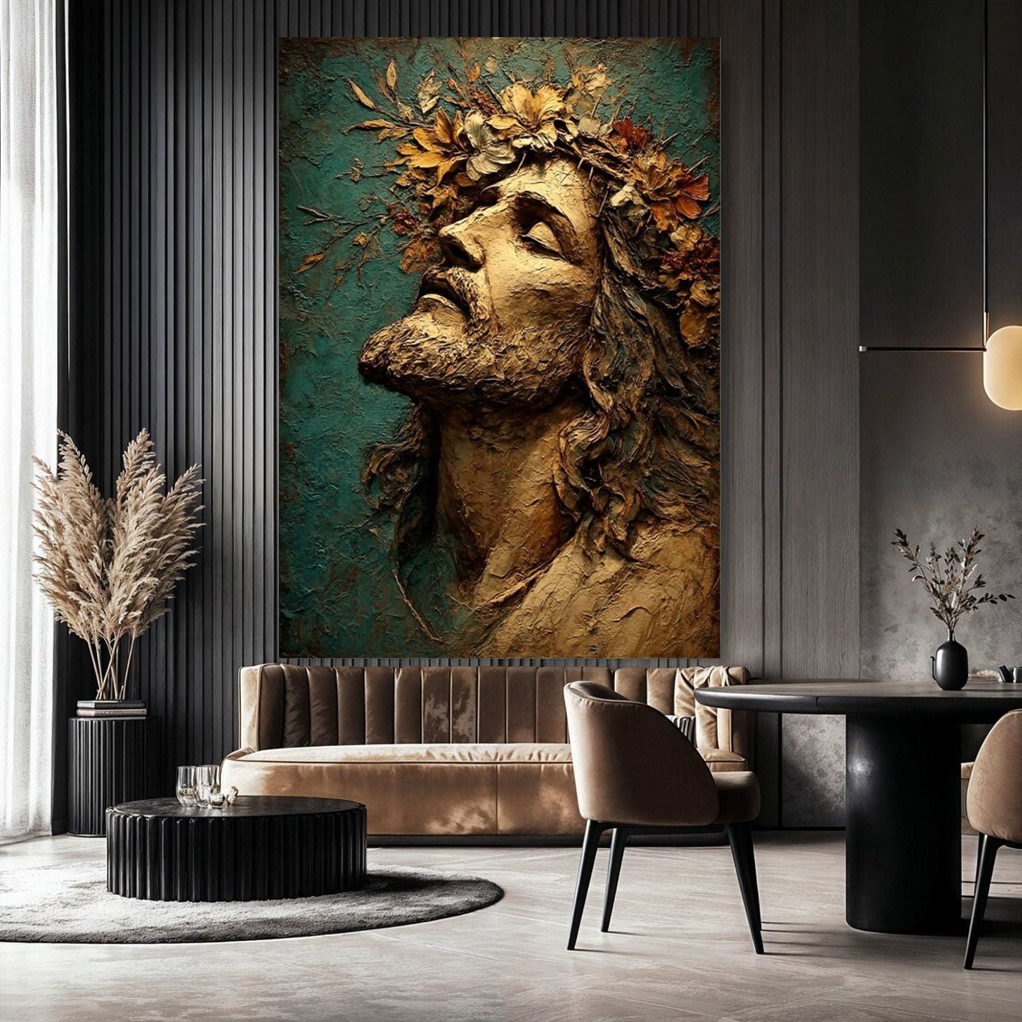 Reverent Jesus Portrait Canvas Print, Floral Crown Christian Wall Art, Sacred Inspirational Faith Decor