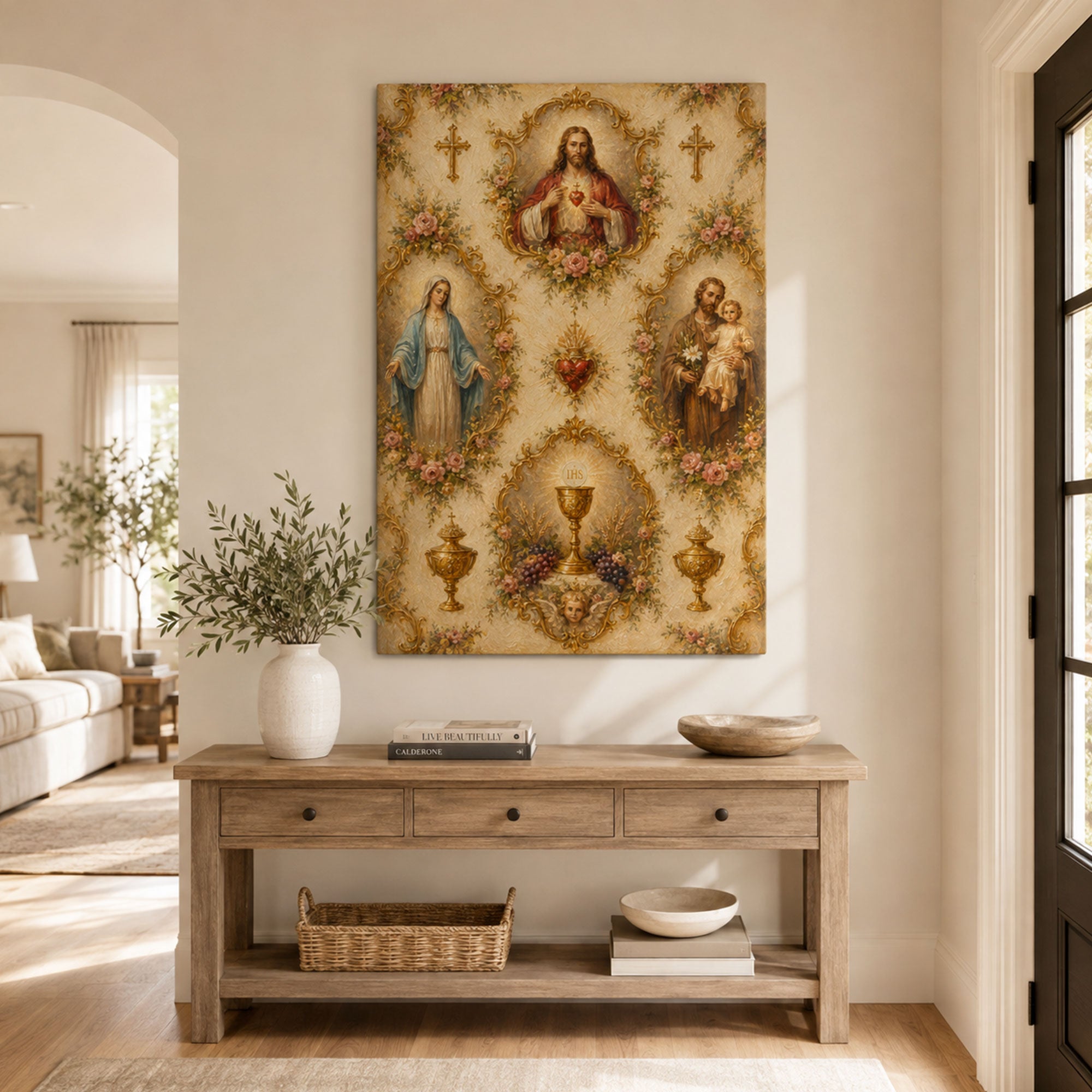 Holy Family & Eucharist Canvas Print, Sacred Heart Jesus, Mary and Saint Joseph Catholic Wall Decor