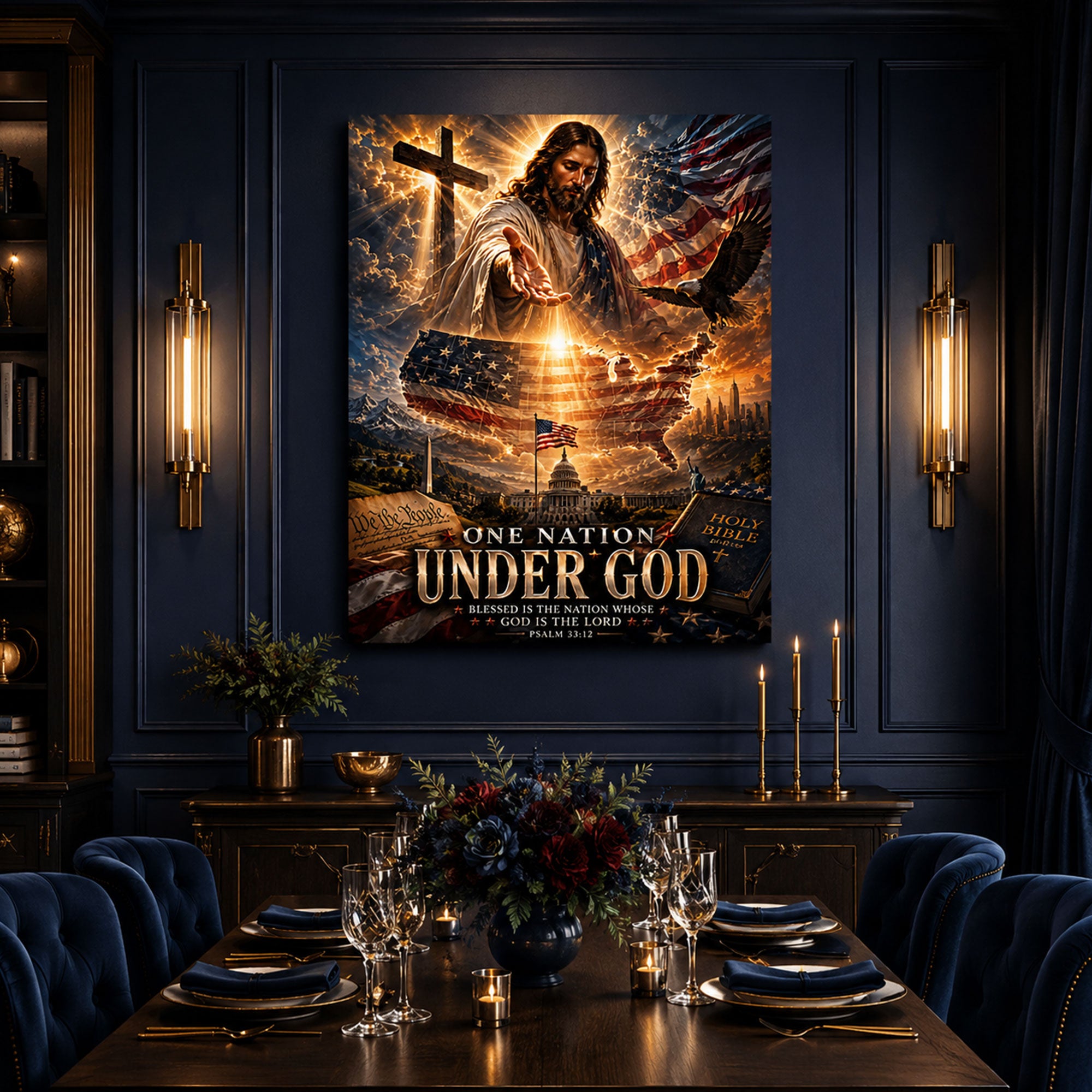 One Nation Under God Canvas Print, Patriotic Jesus Christian Wall Art, American Faith Decor, Inspirational Religious Artwork