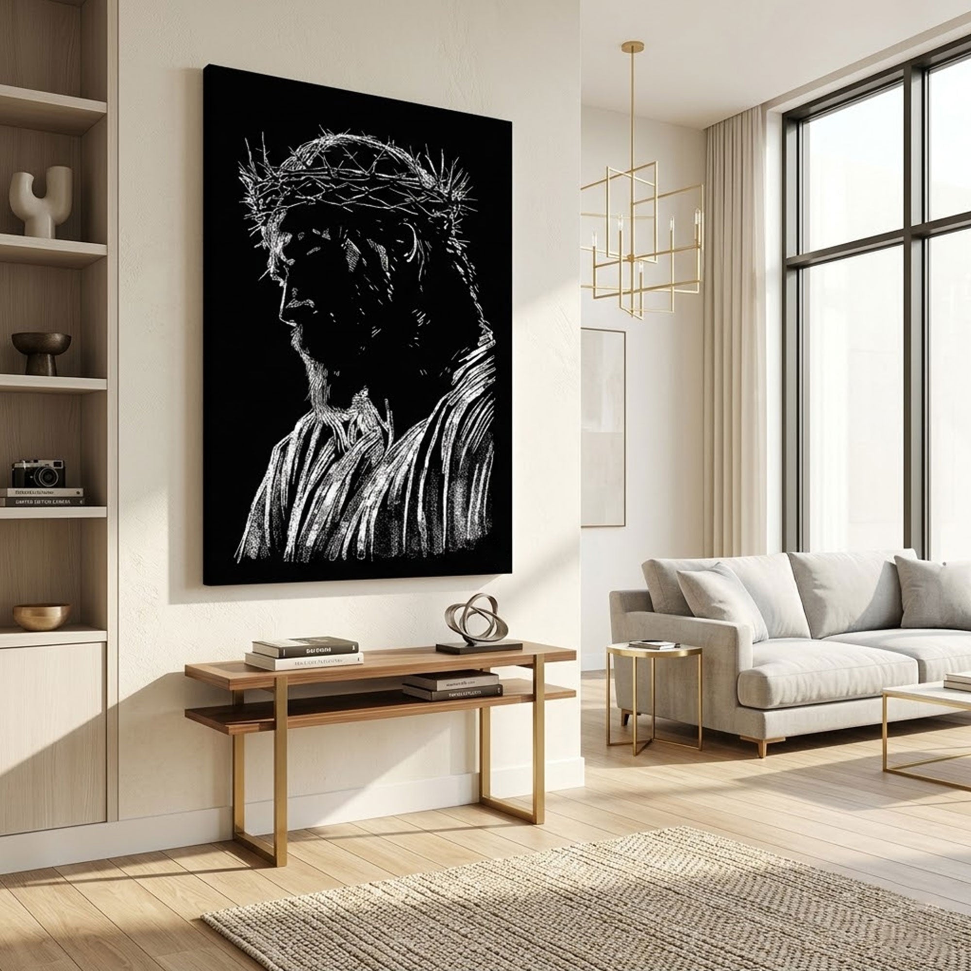 Black and White Jesus Crown of Thorns Canvas Print, Minimal Christian Wall Art, Sacred Christ Portrait Decor