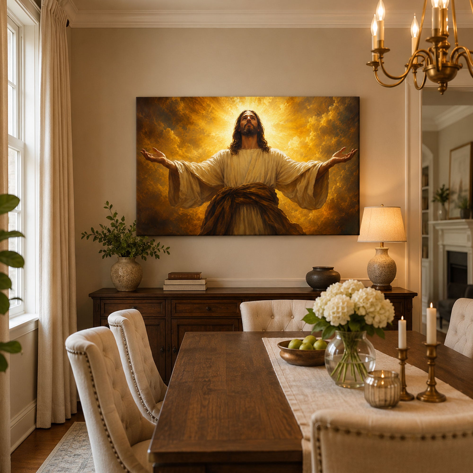 Jesus Christ in Glory Canvas Print, Open Arms Christian Wall Art, Golden Light Faith Home Decor Gift
