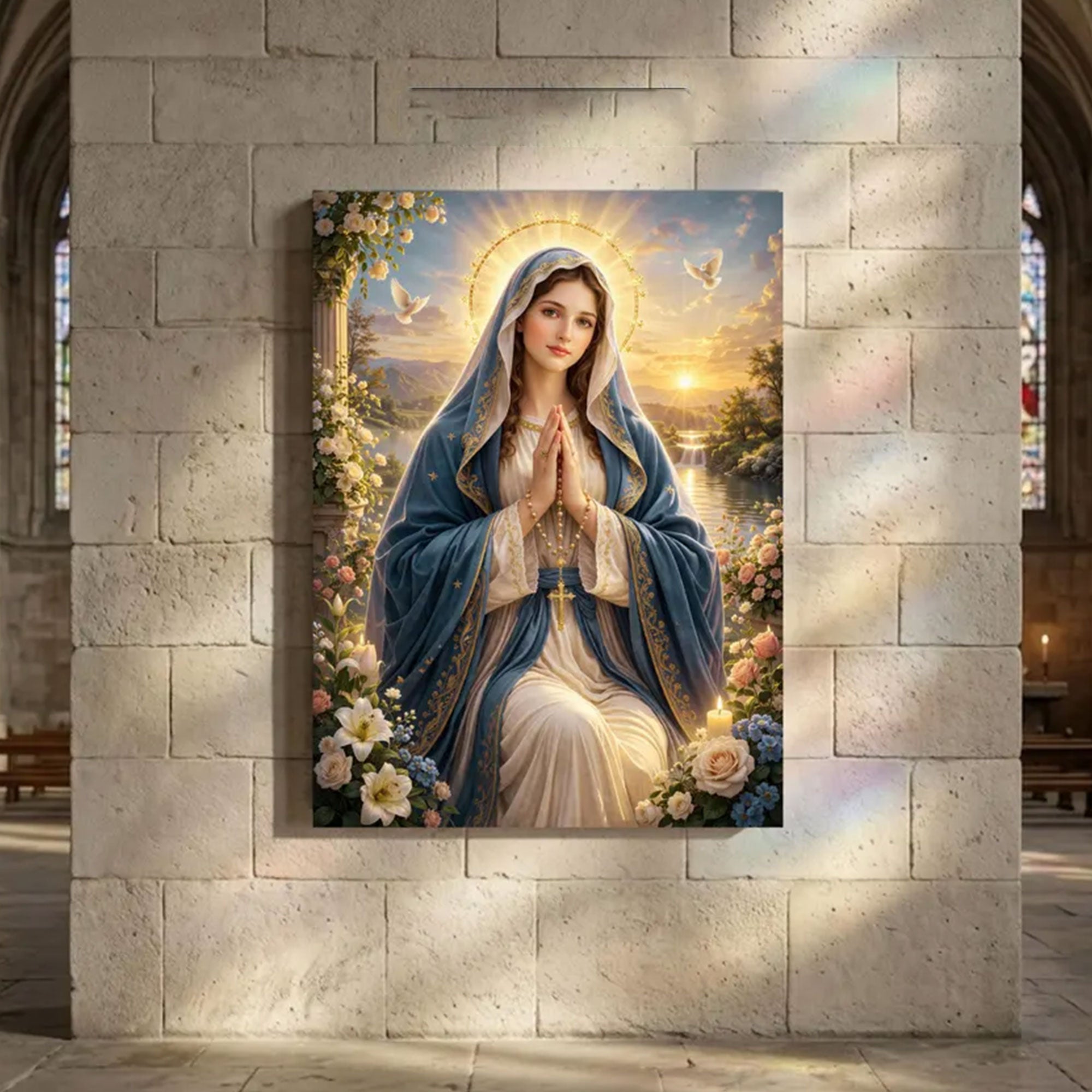 Virgin Mary Prayer Wall Art, Blessed Mother Canvas Print, Catholic Religious Decor, Christian Faith Artwork, Spiritual Home Gift