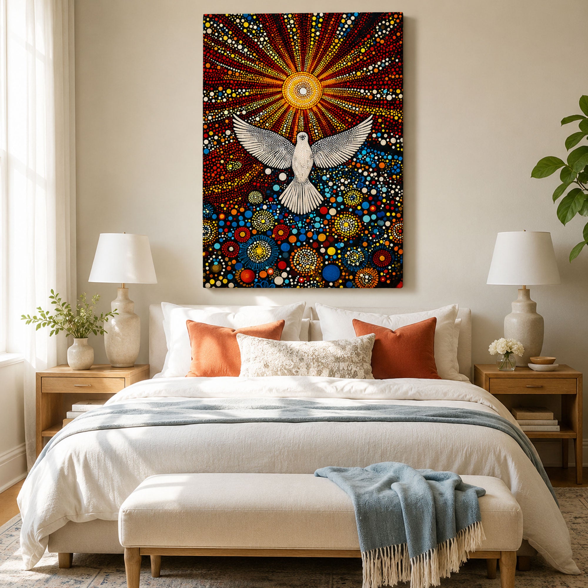 Trinity Sunday Throne of Grace Framed Canvas Print, Holy Spirit Dove and Radiant Sun Christian Wall Art for Church and Faith Home