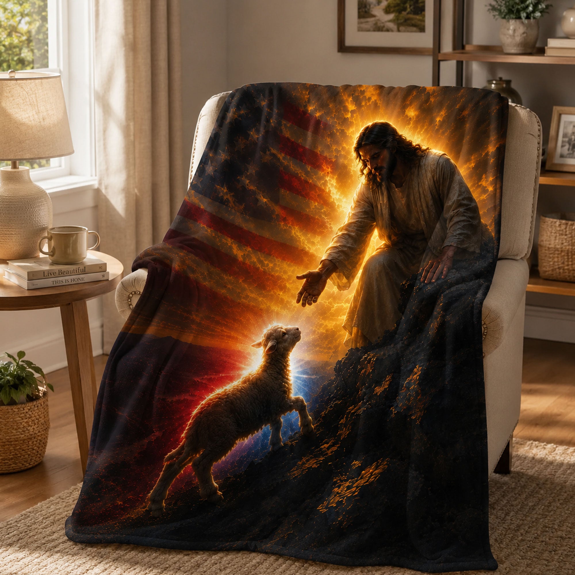 Jesus Good Shepherd Fleece Blanket, American Flag Christian Throw, Faith Gift for Believers