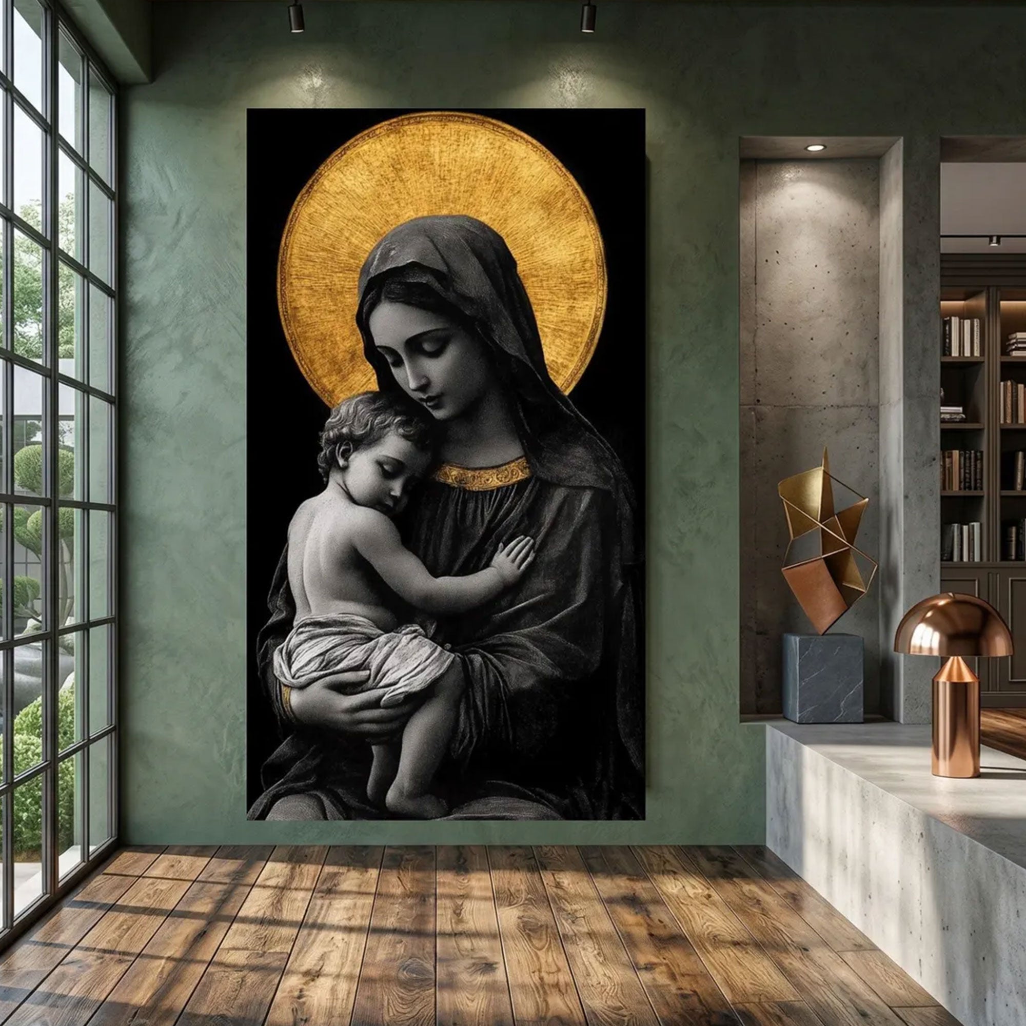 Madonna and Child Black Gold Canvas Wall Art, Virgin Mary Baby Jesus, Catholic Religious Decor