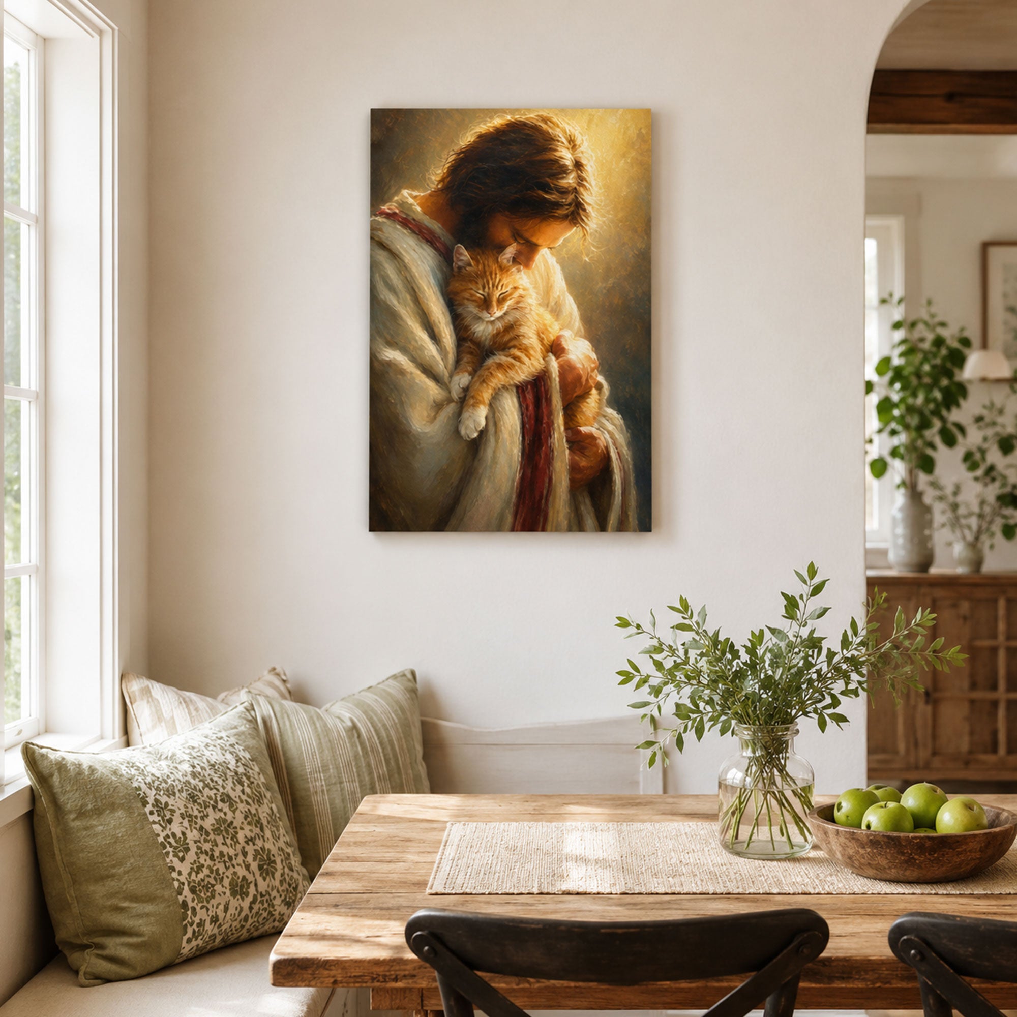 Jesus Holding a Cat Canvas Print, Christian Pet Lover Wall Decor, Faith Gift for Home