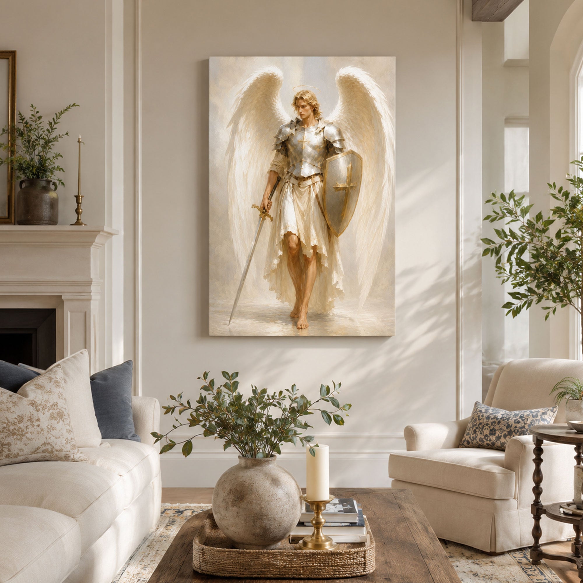 Saint Michael Archangel Canvas Print, Catholic Warrior Angel Wall Art, White Armor Faith Home Decor Gift