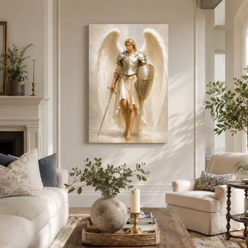 Saint Michael Archangel Canvas Print, Catholic Warrior Angel Wall Art, White Armor Faith Home Decor Gift