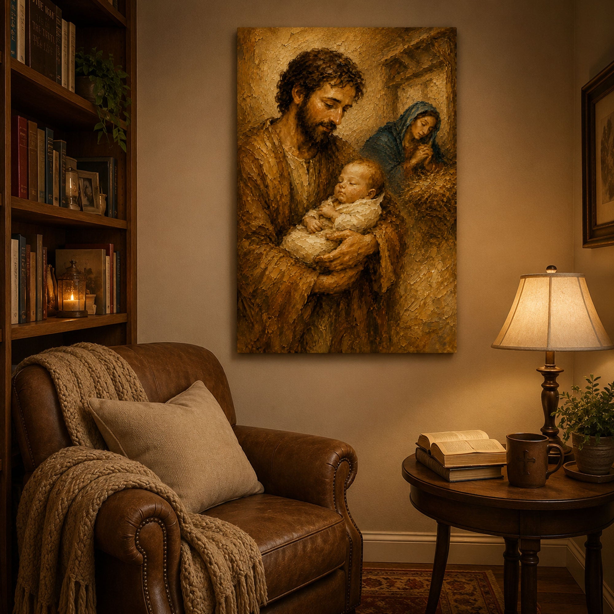 St. Joseph Holding Sleeping Baby Jesus Canvas Print, Holy Family Catholic Wall Art, Christian Family Home Decor