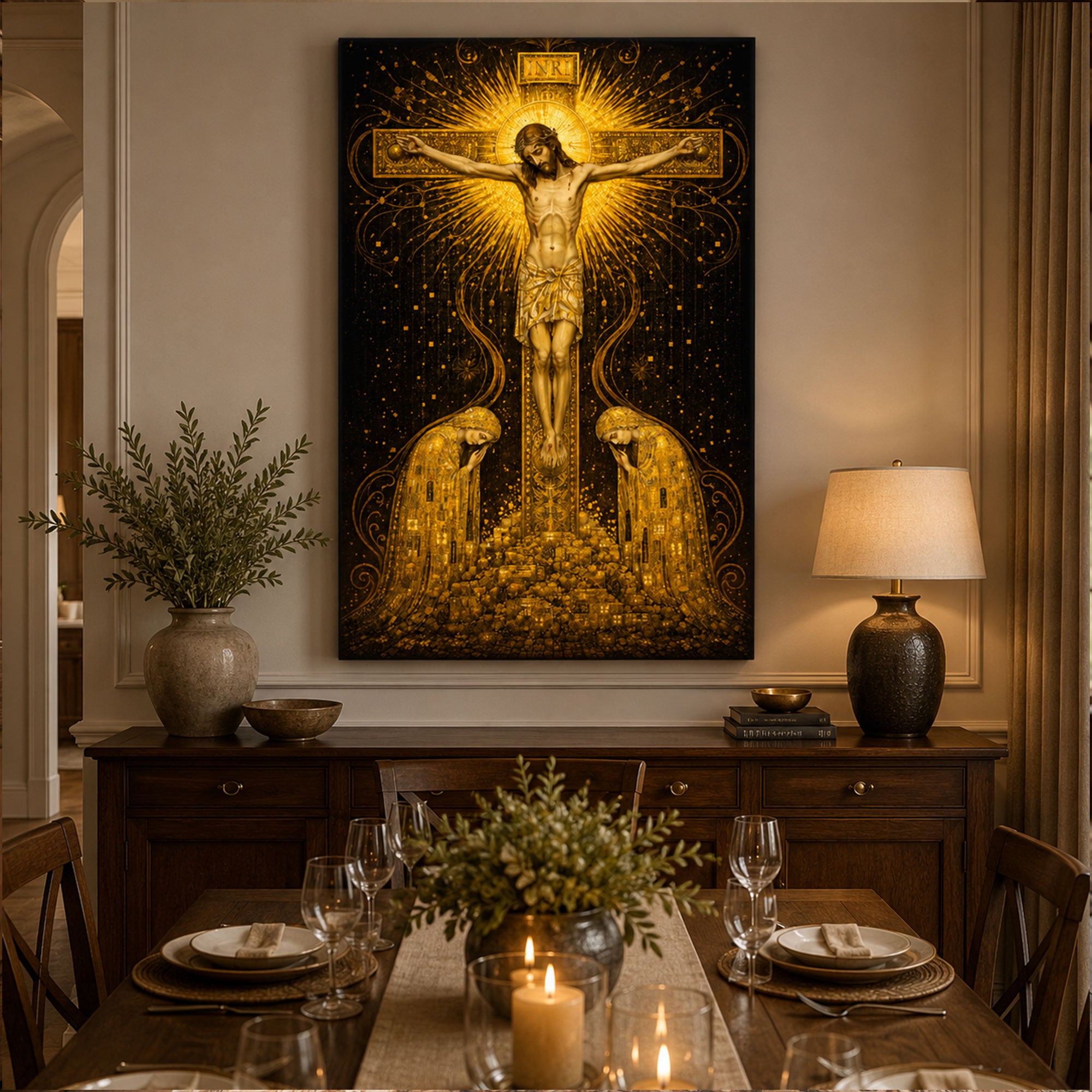 Gustav Klimt Golden Jesus Crucifixion Canvas Print, Religious Christian Wall Art, Sacred Faith Home Decor