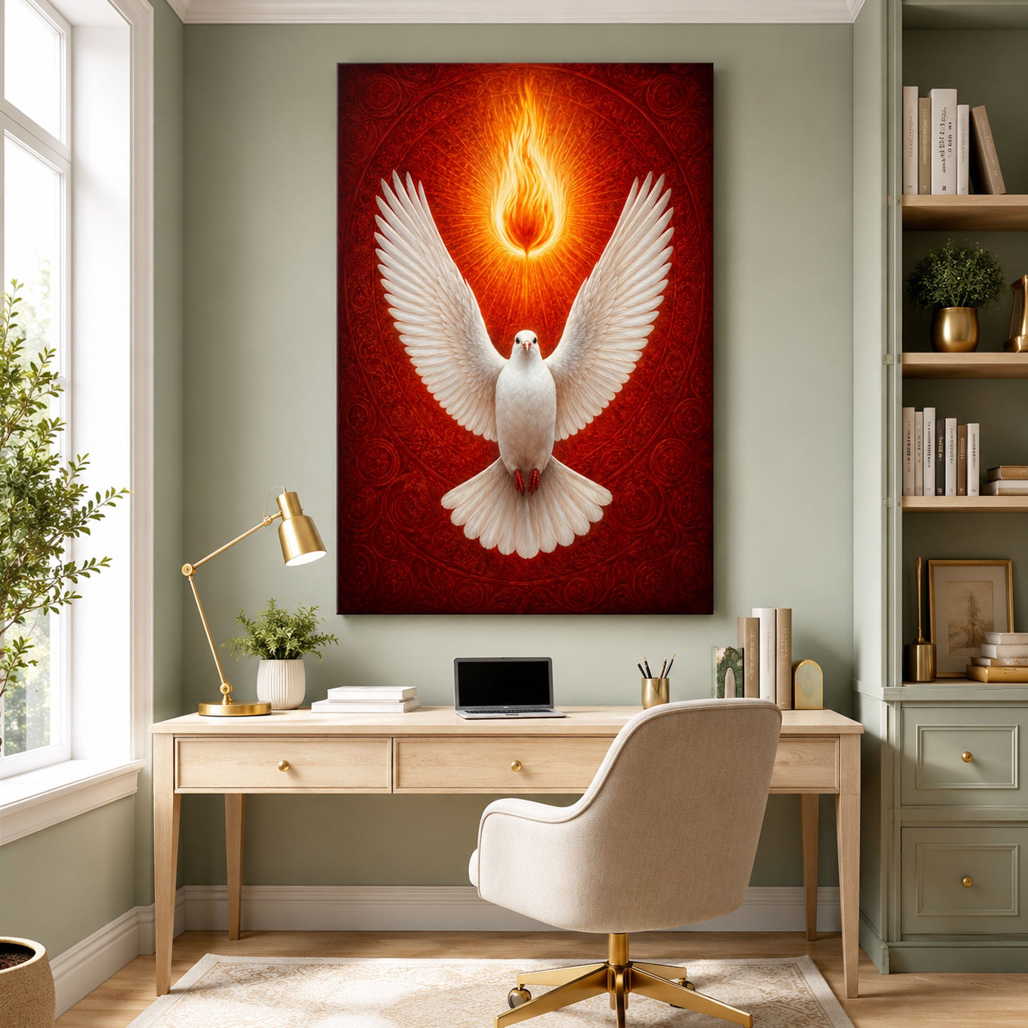 Holy Spirit Fire Dove Canvas Print, Pentecost Christian Wall Art, Divine Flame Faith Decor
