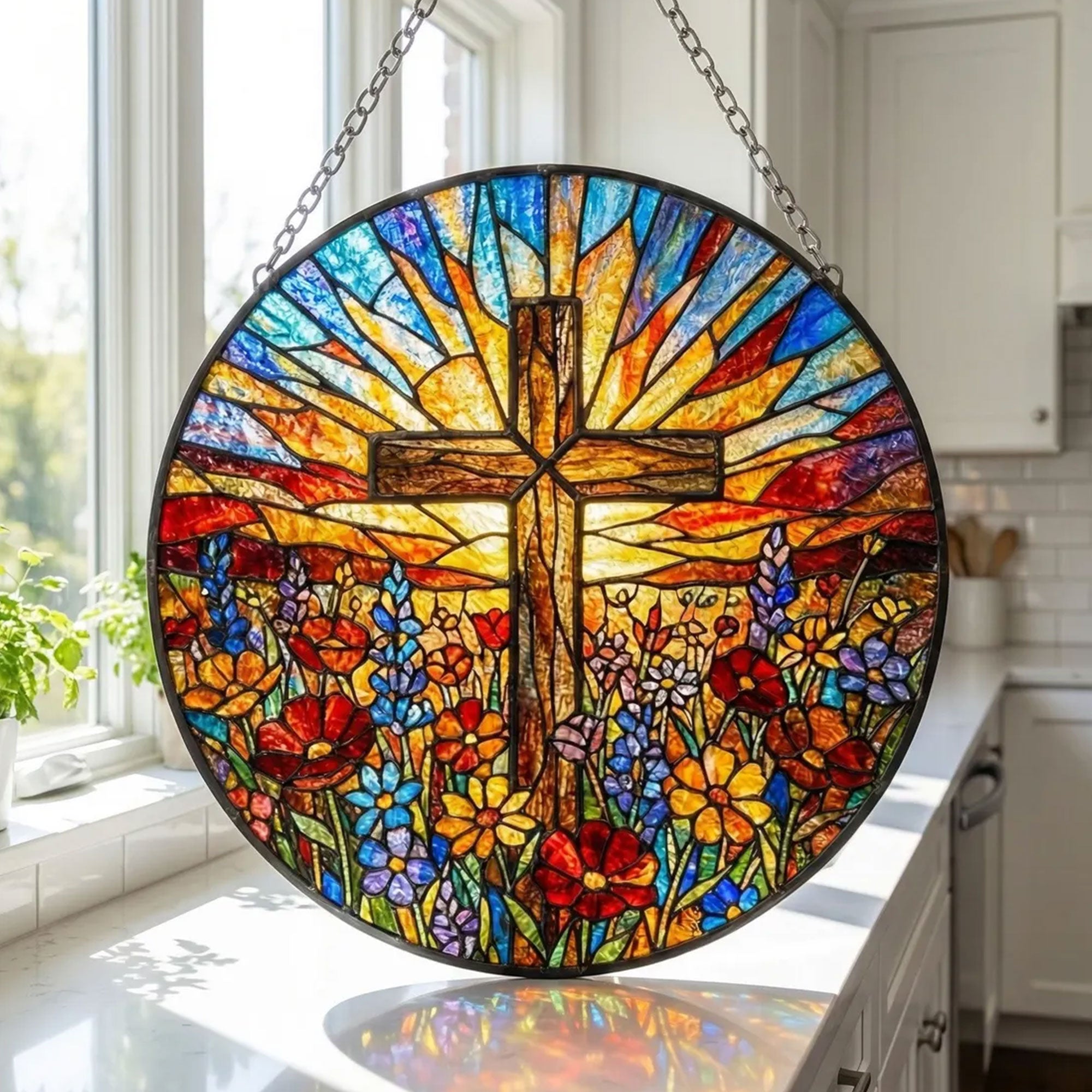 Stained Glass Cross Suncatcher, Christian Window Hanging Decor, Faith Gift, Religious Home Ornament