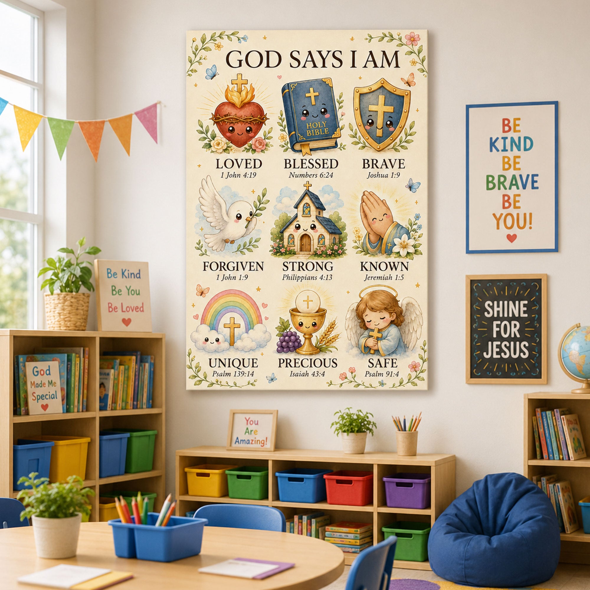 God Says I Am Christian Kids Canvas Print Catholic Affirmation Wall Art Bible Verse Nursery Decor
