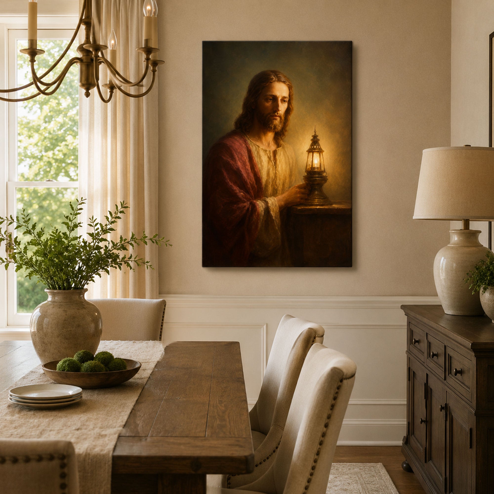 Jesus Light of the World Canvas Print, Christian Lantern Wall Art, Warm Faith Home Decor Gift