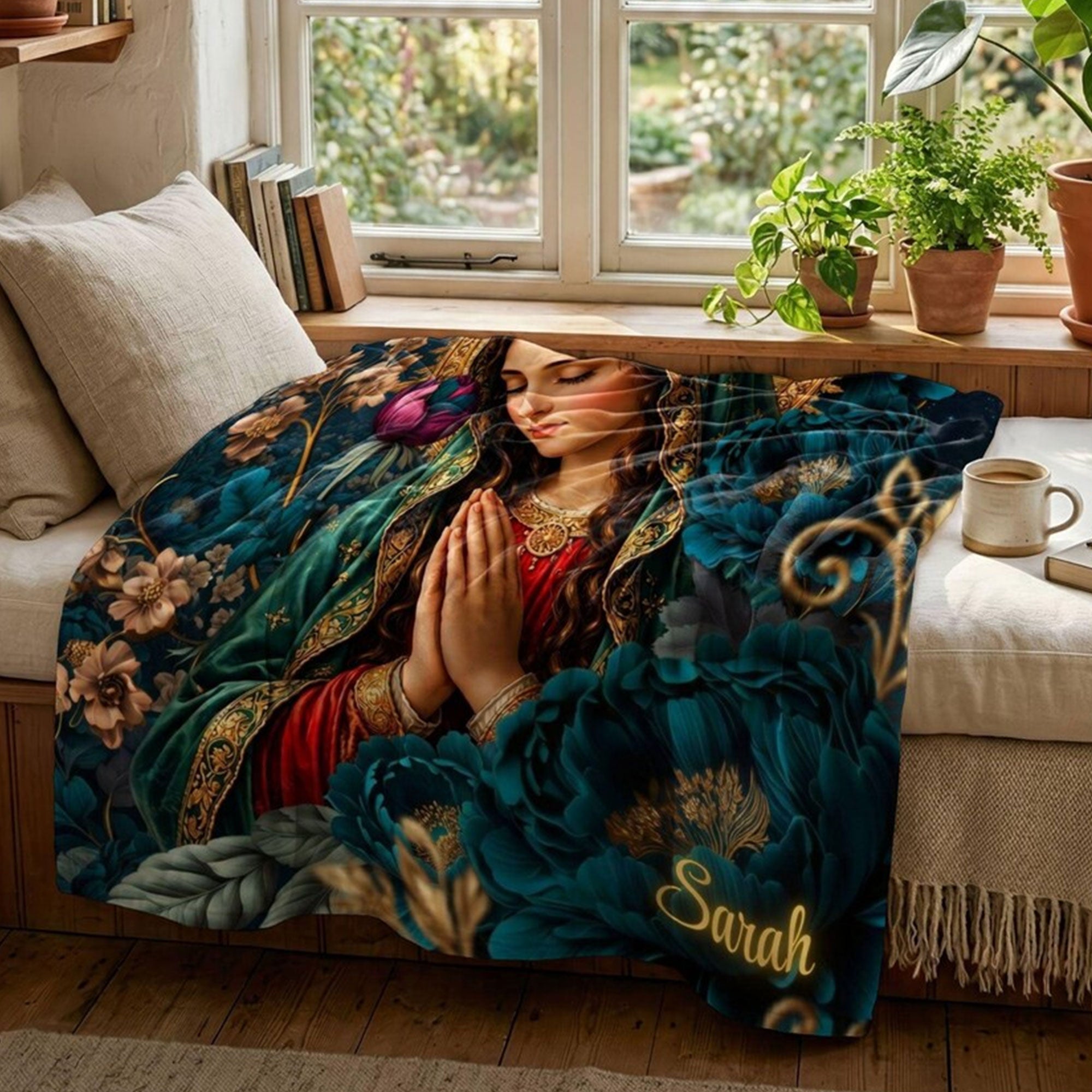 Personalized Virgin Mary Fleece Blanket, Catholic Floral Throw, Custom Name Christian Prayer Gift for Mom or Grandma, Faith Decor