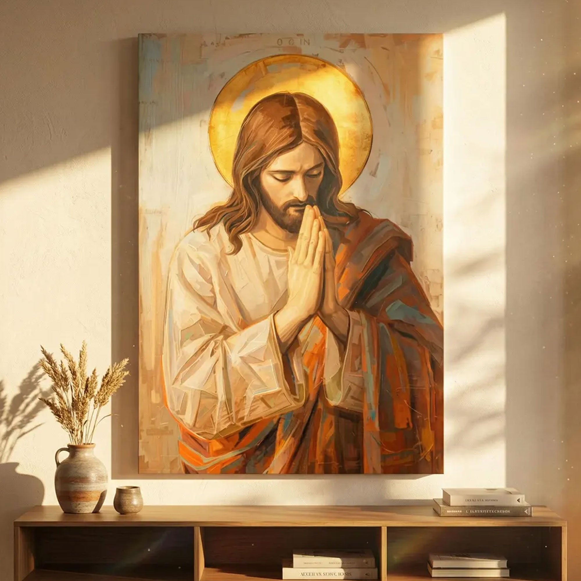 Jesus Praying Canvas Wall Art, Christian Decor, Catholic Prayer Room Bedroom Decoration