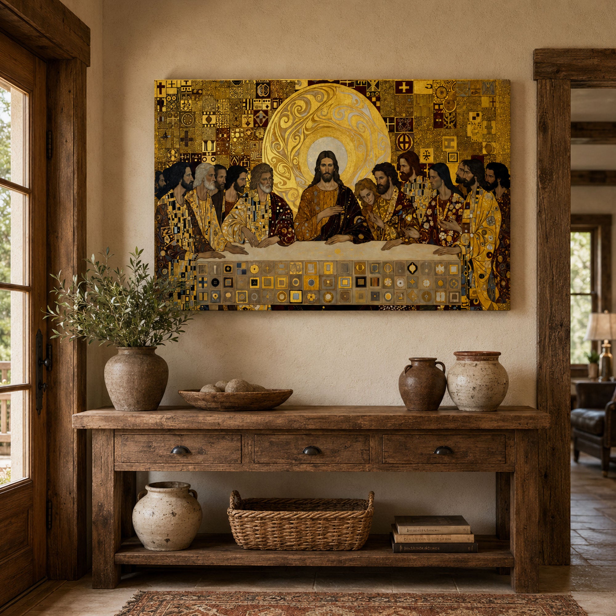 Gustav Klimt Last Supper Canvas Print, Gold Mosaic Christian Wall Art, Iconic Religious Home Decor