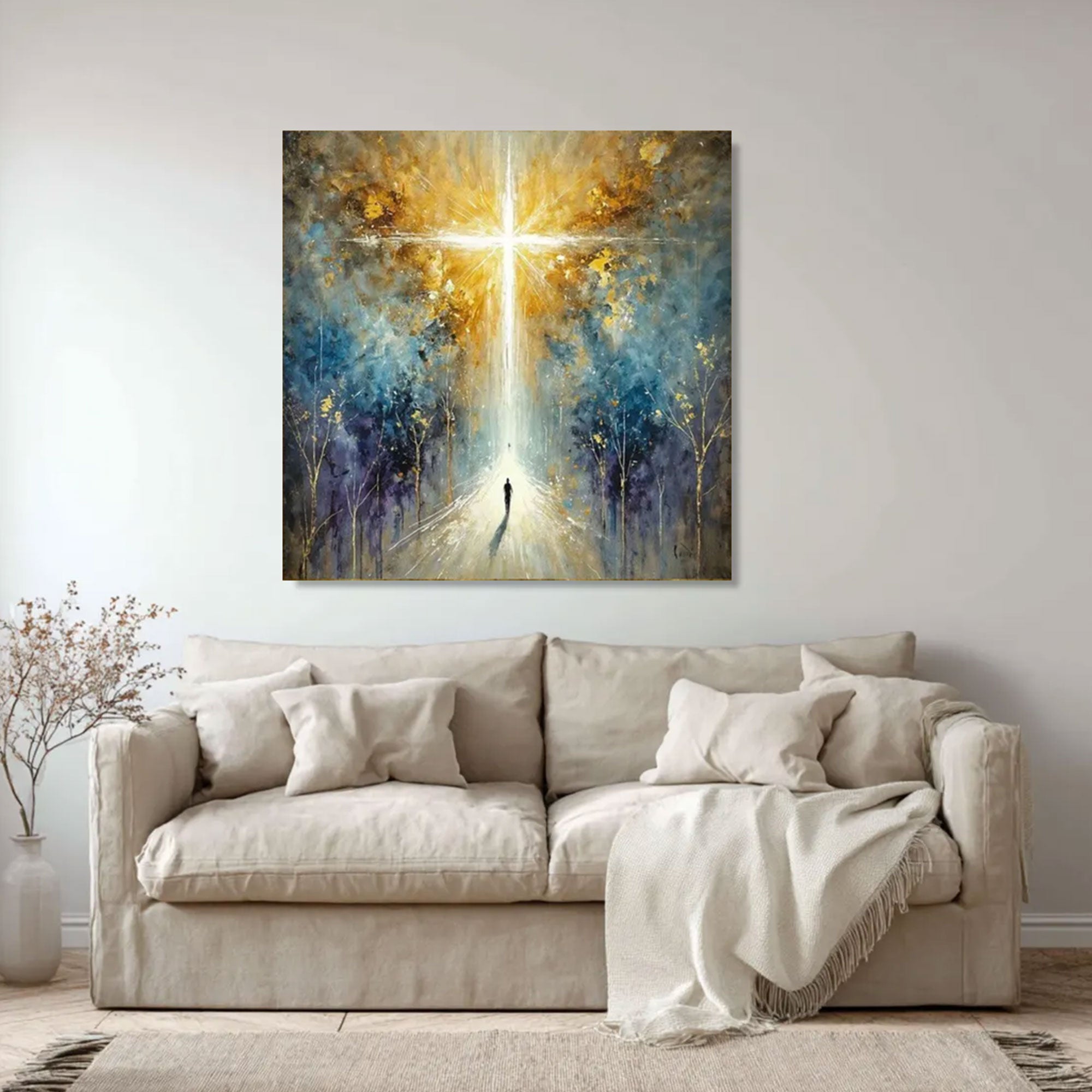 Radiant Cross Light Canvas Print, Spiritual Abstract Wall Art, Christian Inspirational Decor, Faith Journey Artwork