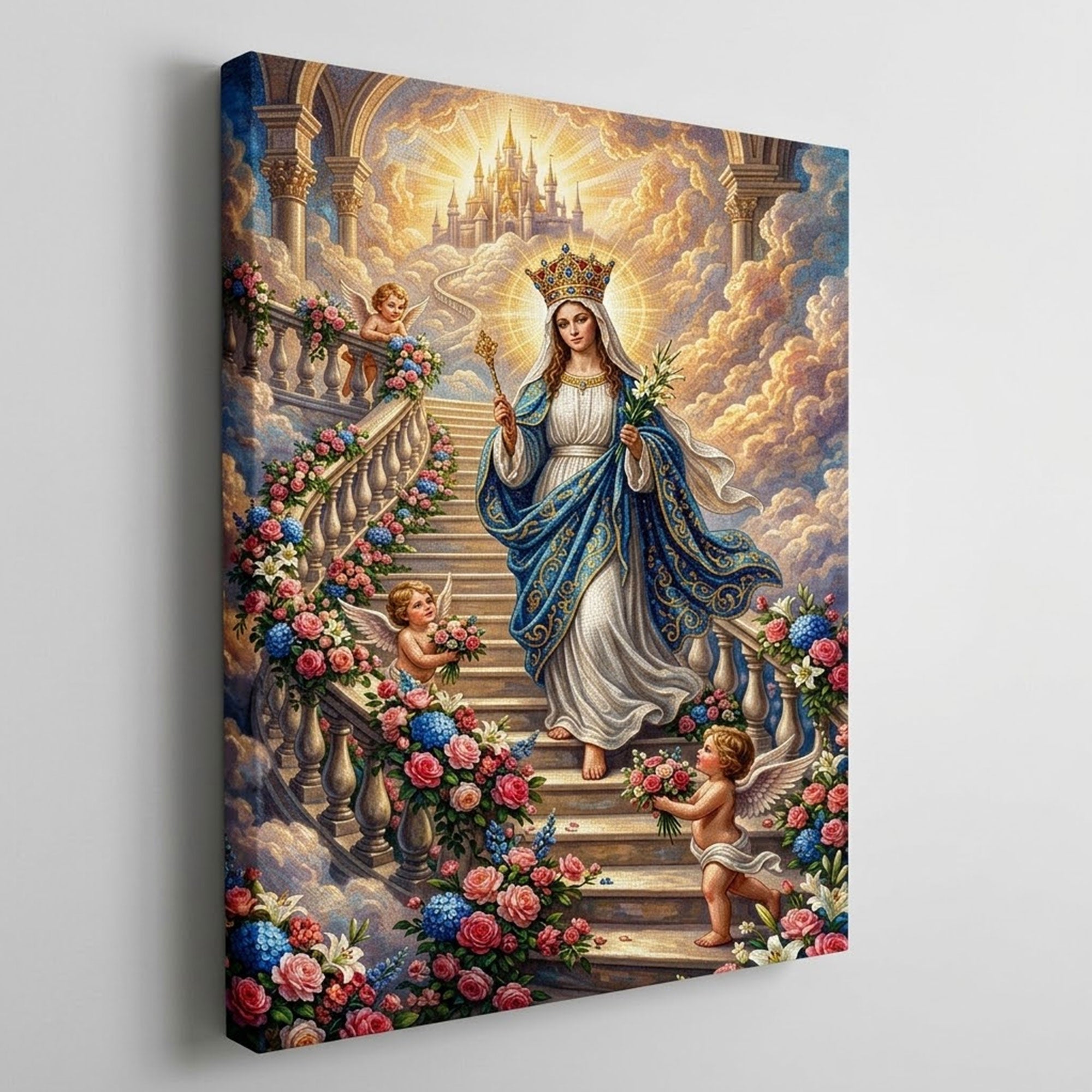 Queen of Heaven Virgin Mary Canvas Print, Catholic Madonna Crowned Wall Art, Heavenly Floral Garden Scene, Sacred Christian Decor, Inspirational Faith Gift