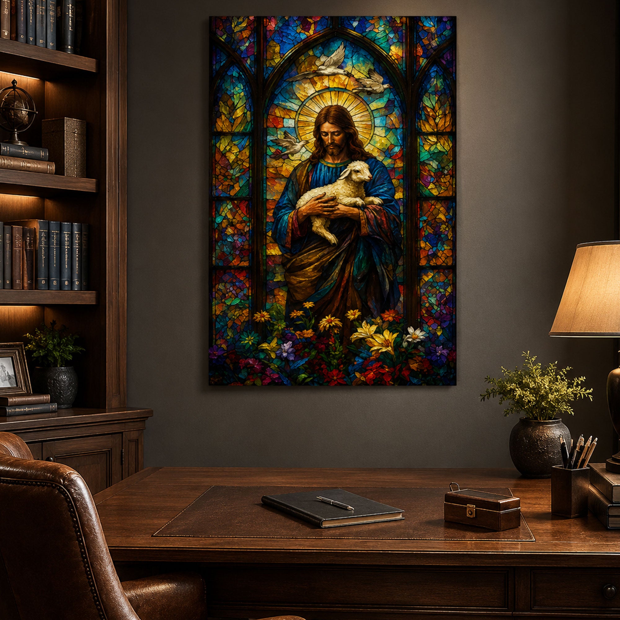 Jesus with Lamb Canvas Print, Stained Glass Christian Wall Art, Faith Home Decor