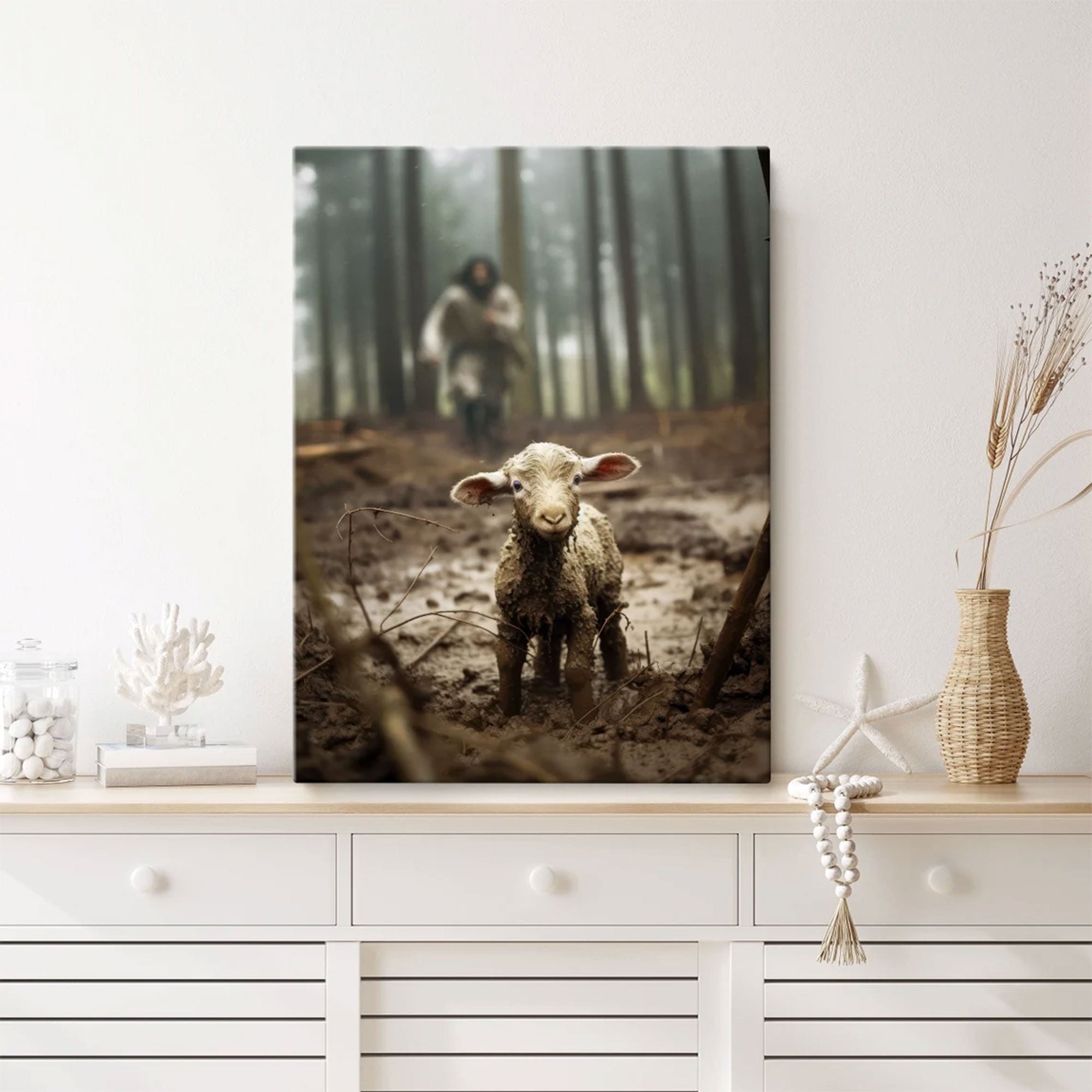 Jesus Saving Lost Lamb Canvas, Christian Wall Art, Good Shepherd Faith Canvas Print