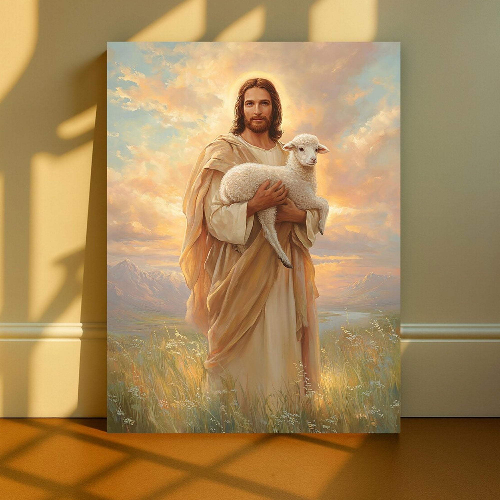Good Shepherd Jesus Canvas Wall Art, Christ Carrying Lamb at Sunset, Christian Faith Decor, Inspirational Religious Artwork